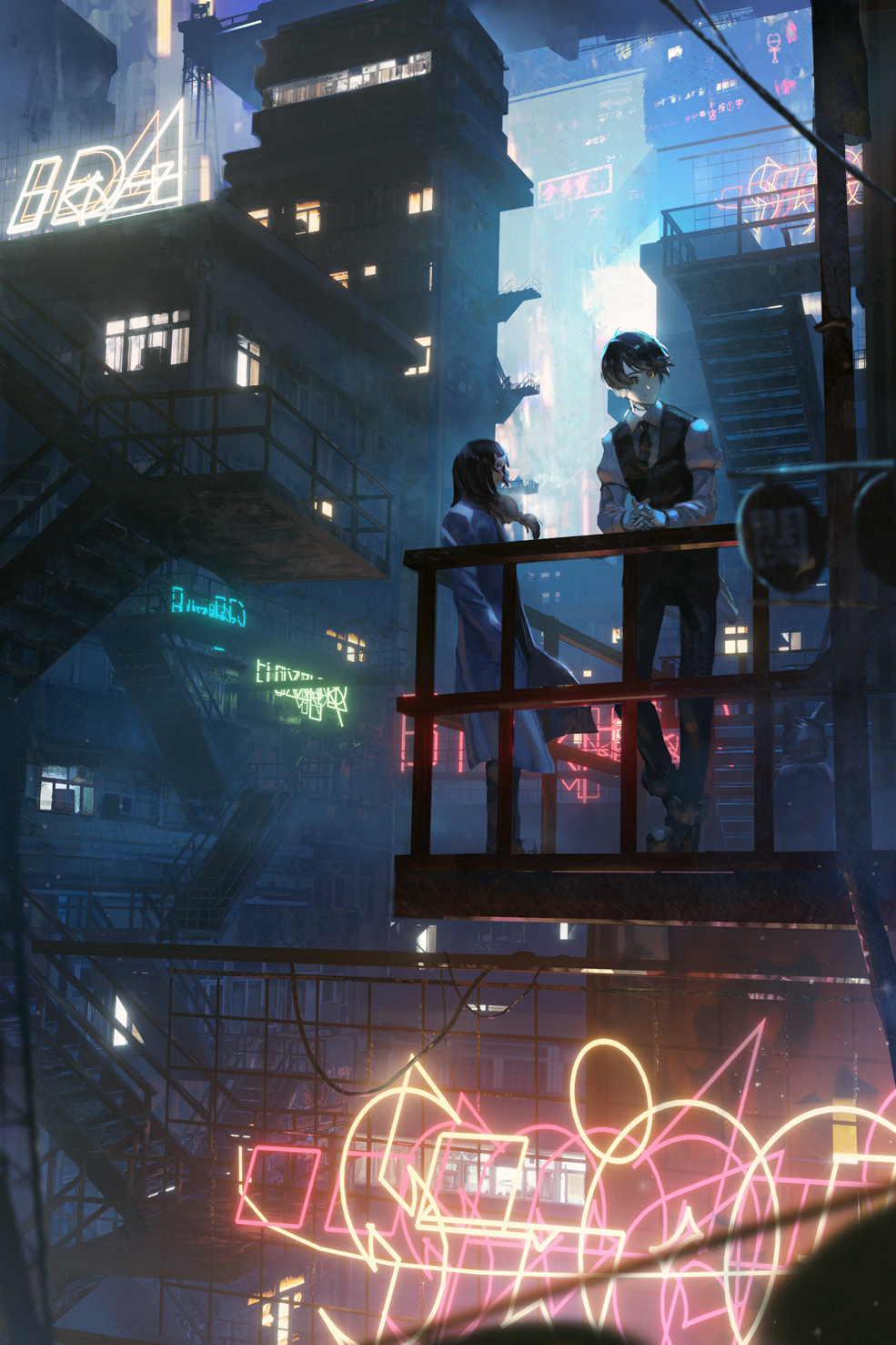 Two people talking in a cyberpunk city at night HD Phone Wallpaper