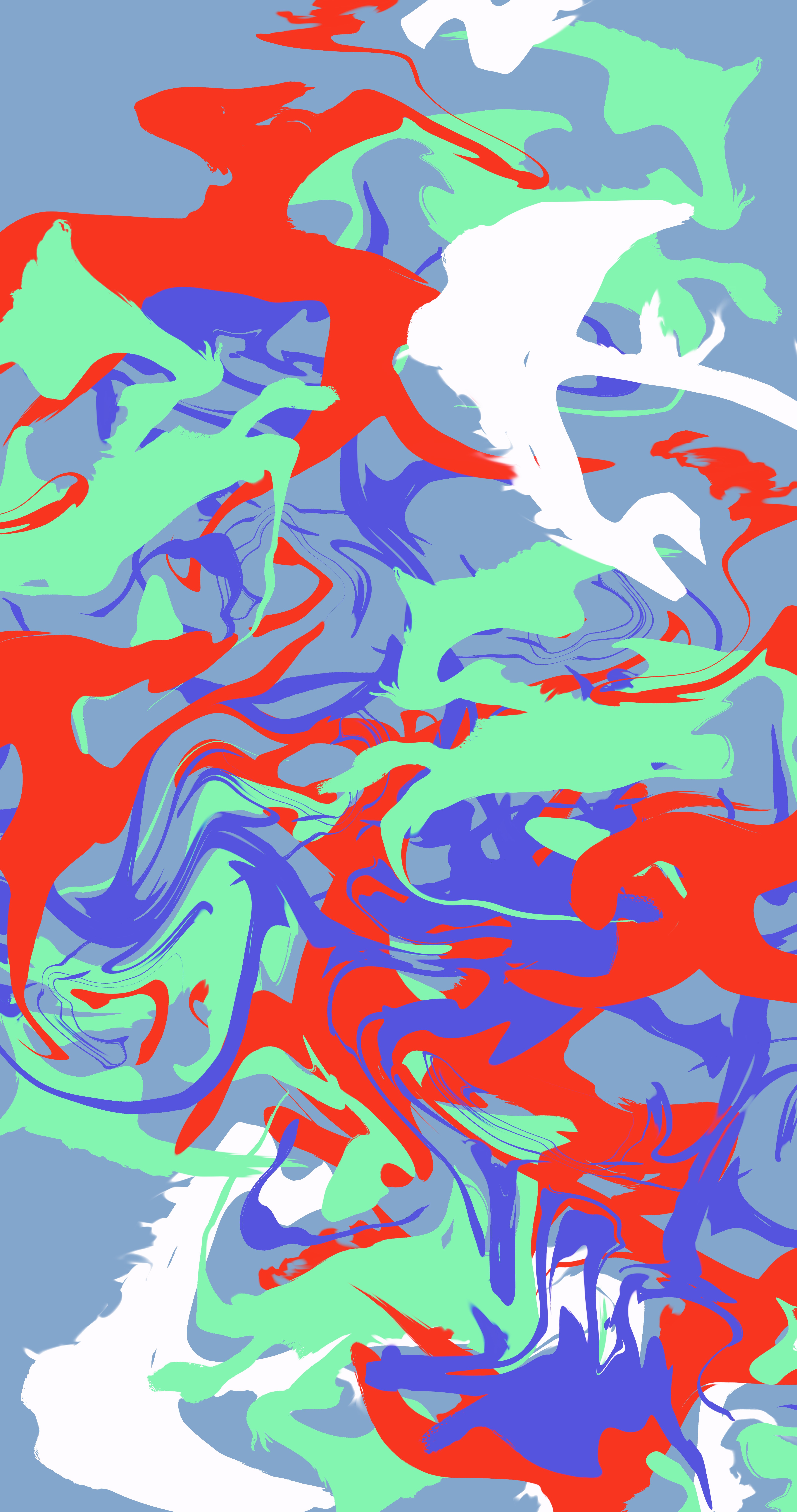 Abstract fluid art with red, blue, green, and white shards HD Phone Wallpaper