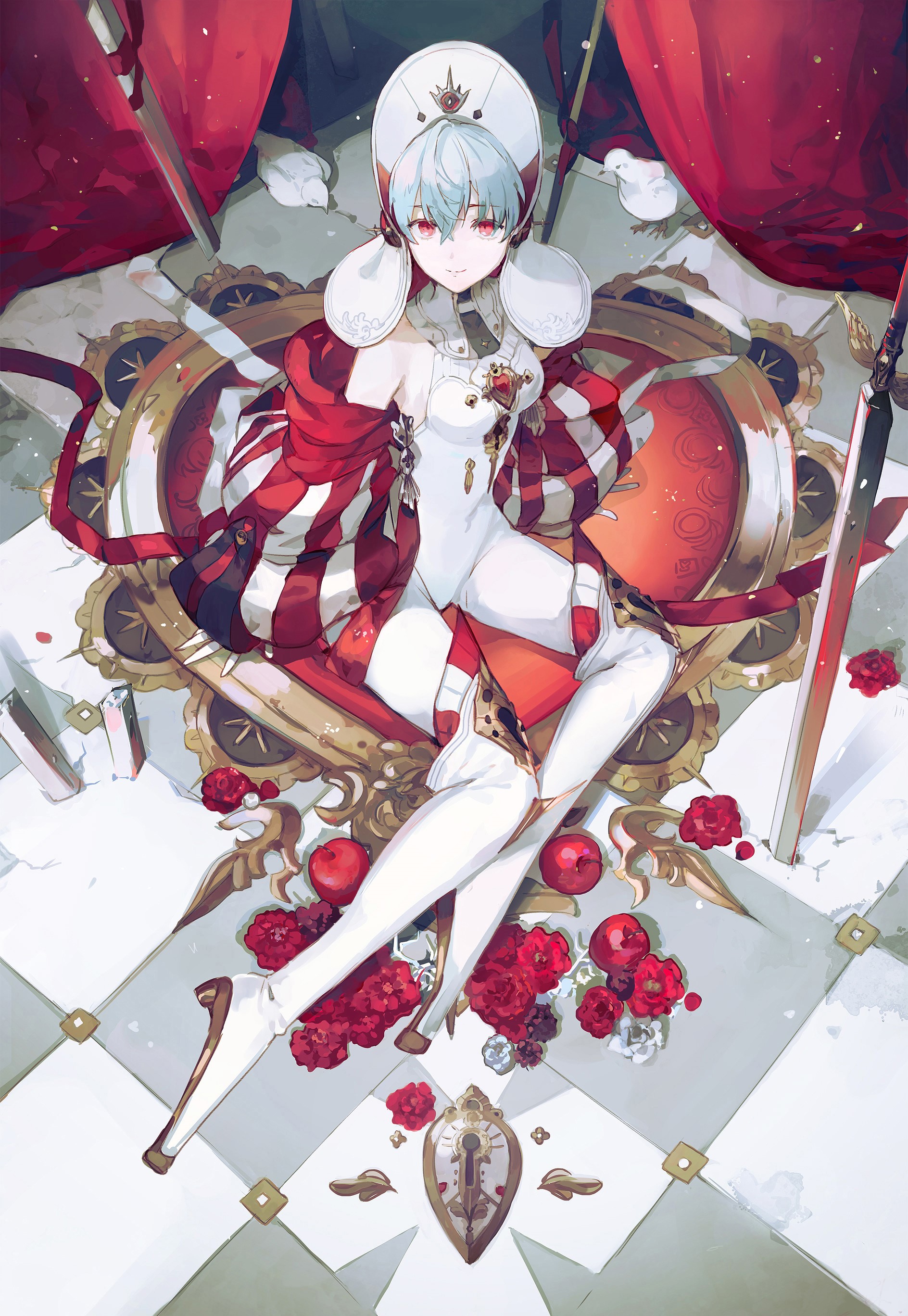 Anime girl with blue hair and red and white outfit HD Phone Wallpaper