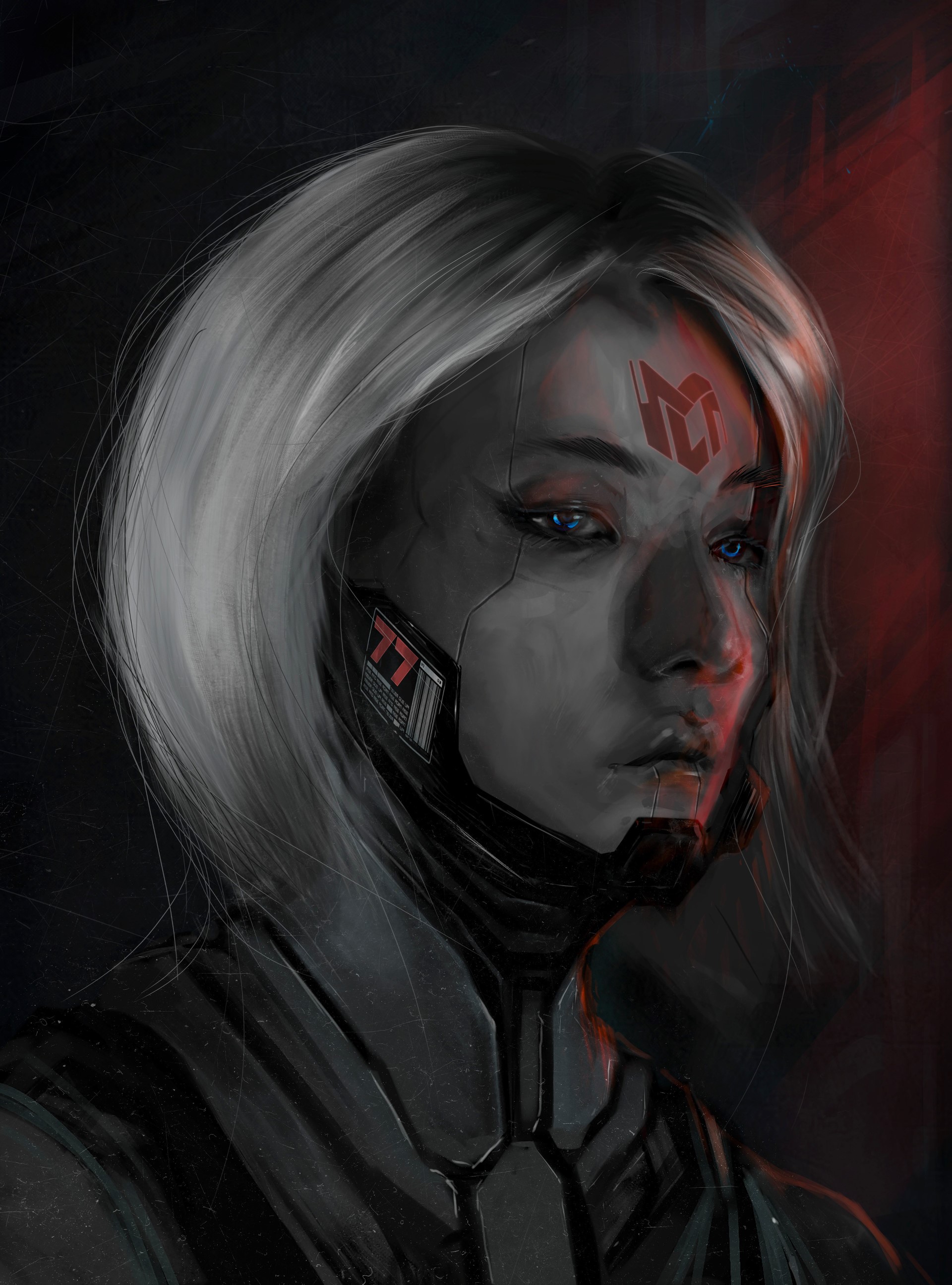 Cyborg woman with blue eyes and red markings HD Phone Wallpaper
