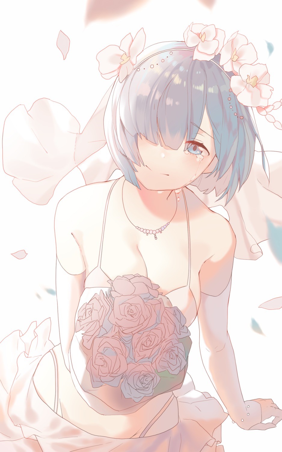 Rem from Re:Zero in a wedding dress holding roses HD Phone Wallpaper