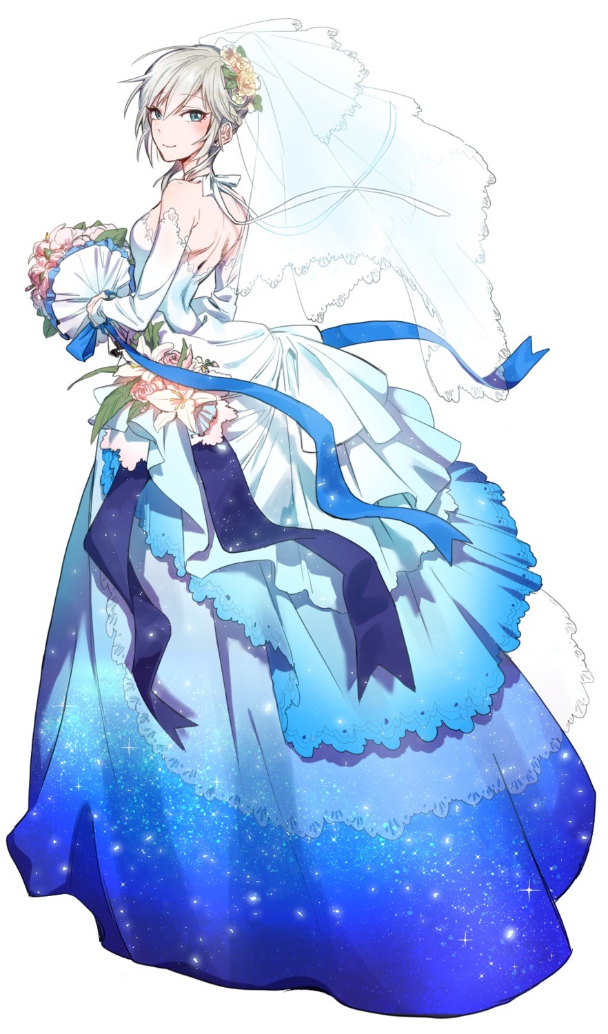 Anime girl in a blue and white wedding dress HD Phone Wallpaper
