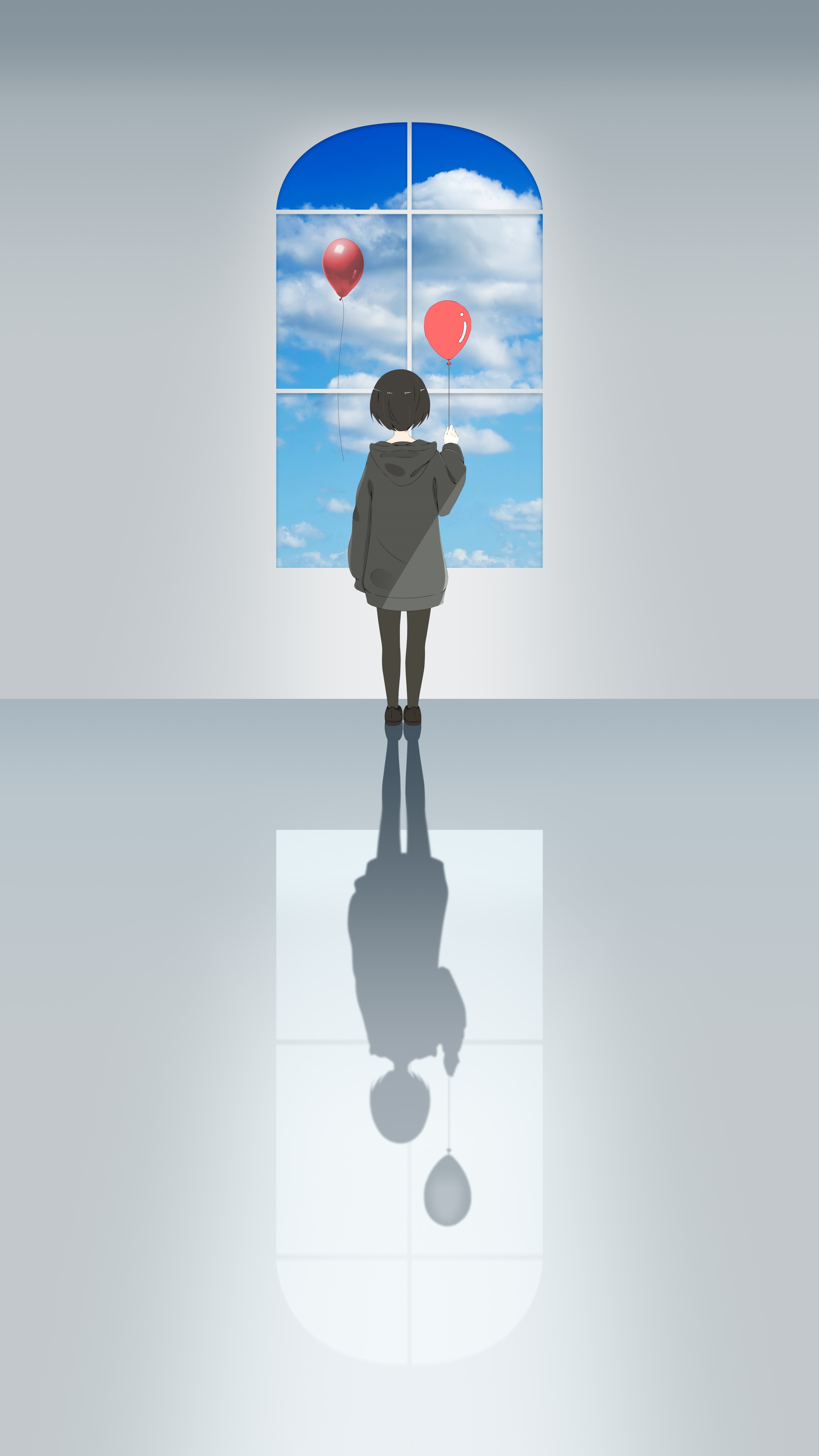 Anime girl with balloons looking out a window HD Phone Wallpaper