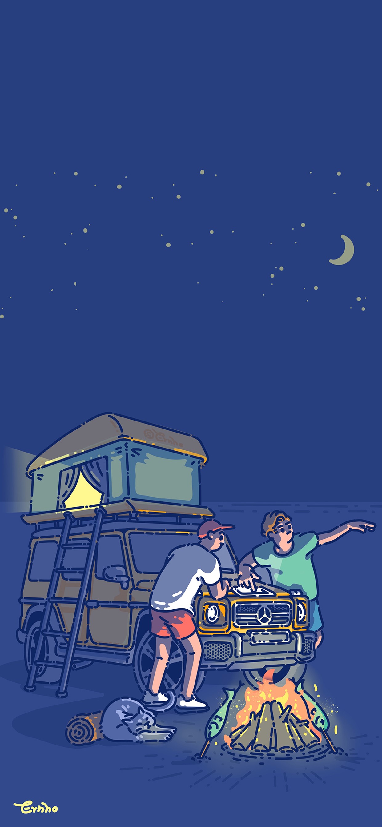 Two men and a dog camping by a Mercedes G-Wagon at night HD Phone Wallpaper