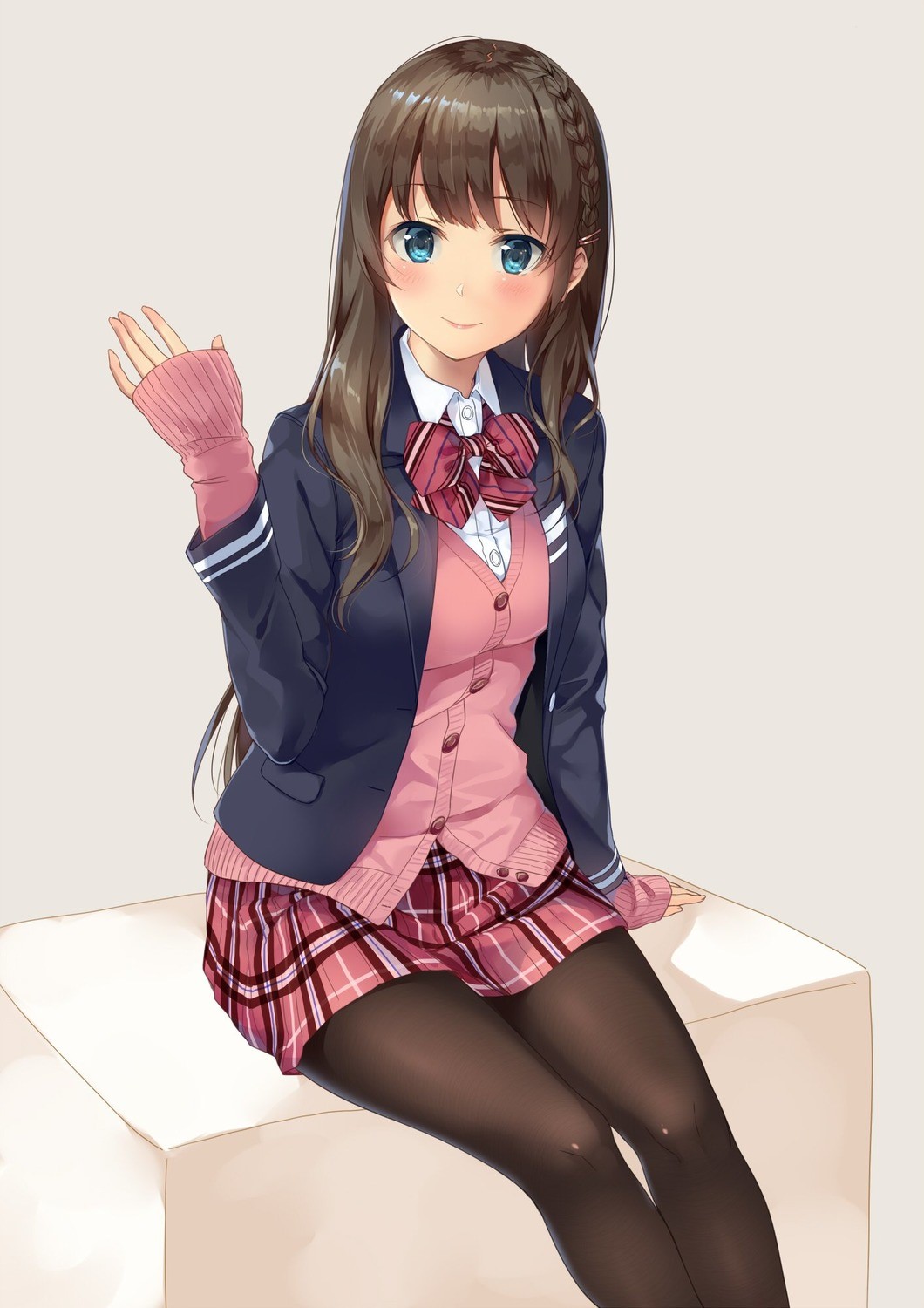 Anime girl with blue eyes and brown hair wearing school uniform HD Phone Wallpaper