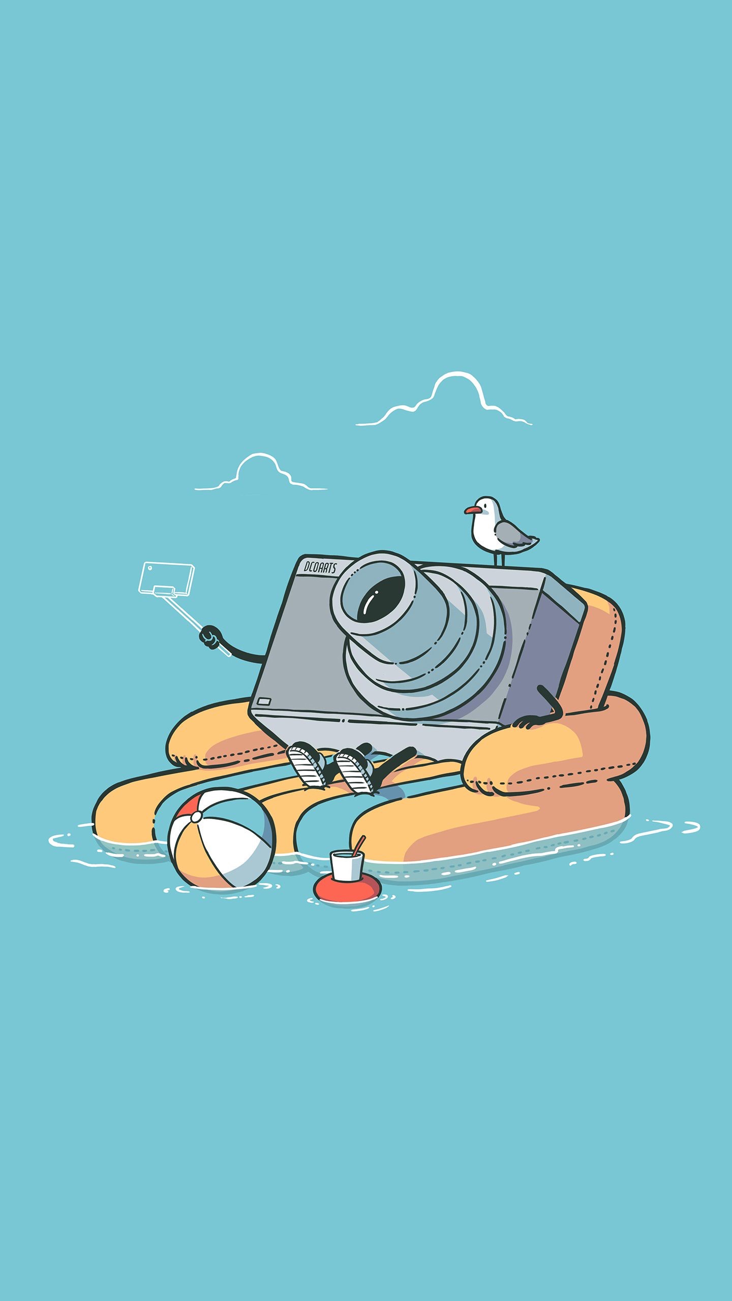 Camera on an inflatable raft with a seagull HD Phone Wallpaper