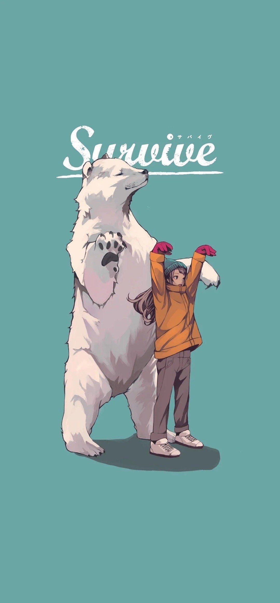 Anime girl and polar bear with "Survive" text HD Phone Wallpaper