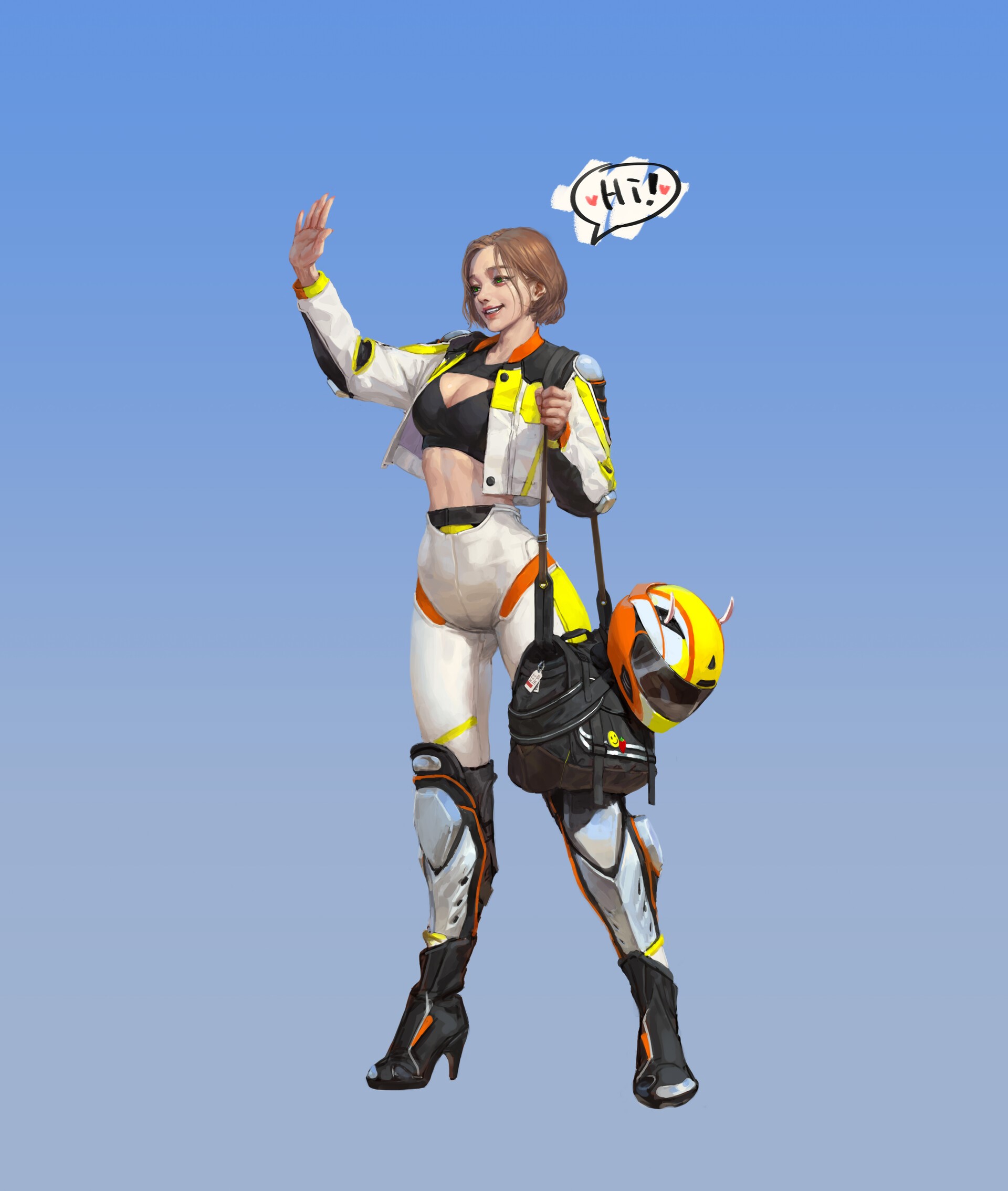 Anime girl in racing outfit waving hello HD Phone Wallpaper