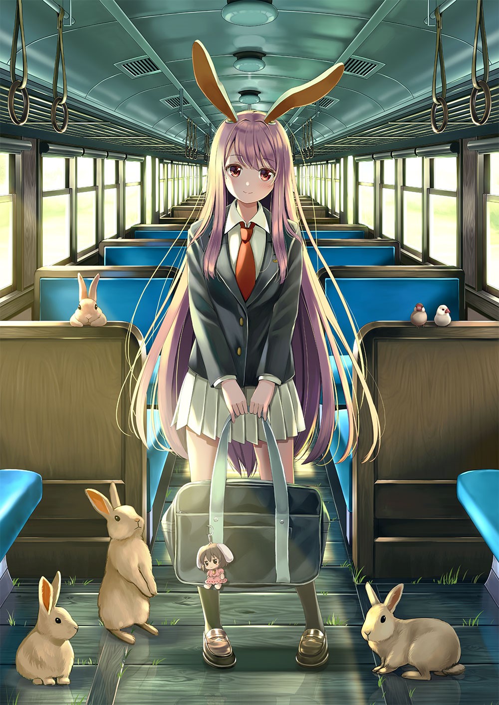 Reisen Udongein Inaba from Touhou on a train with rabbits HD Phone Wallpaper