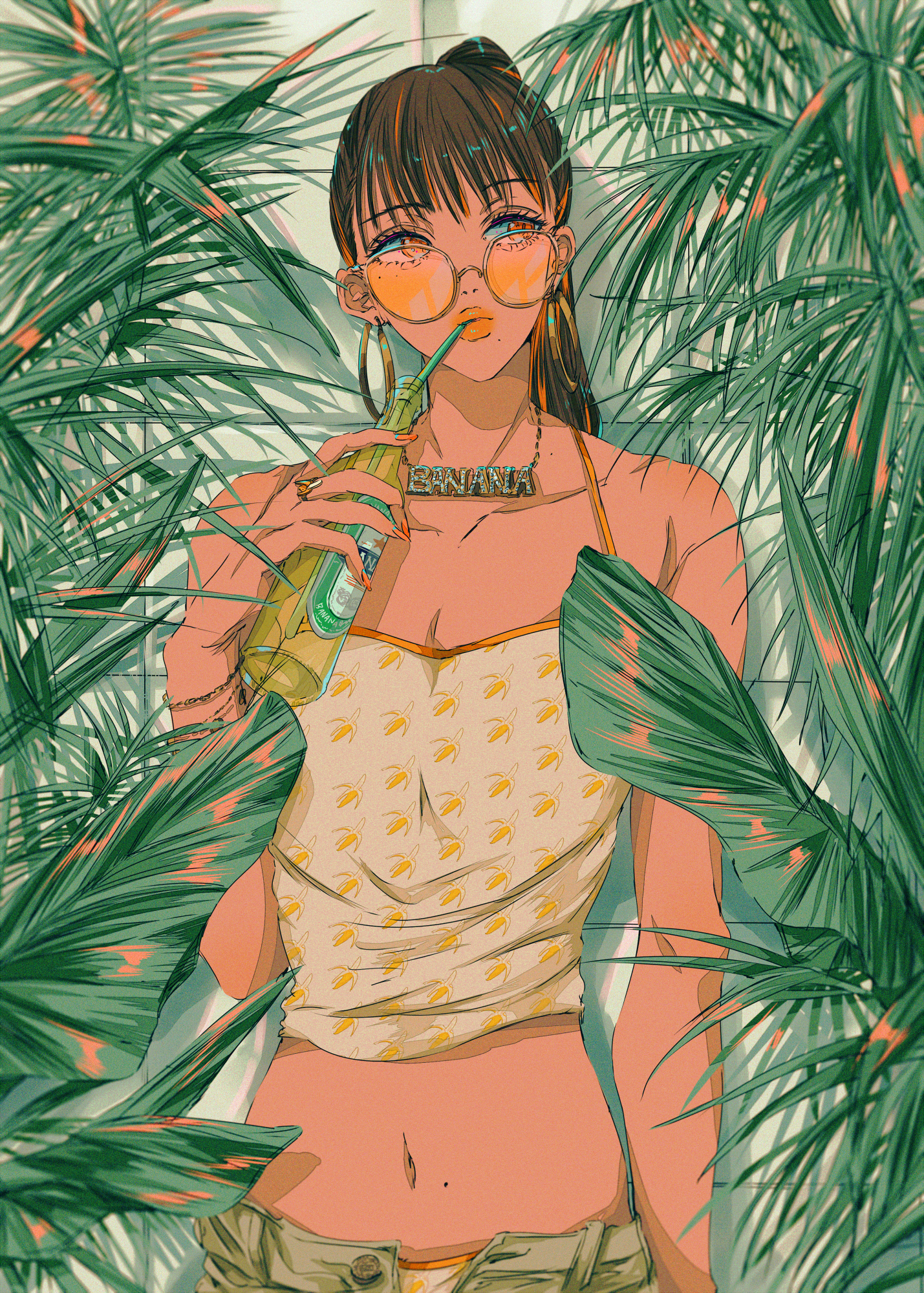 Anime girl with sunglasses drinking from a bottle HD Phone Wallpaper
