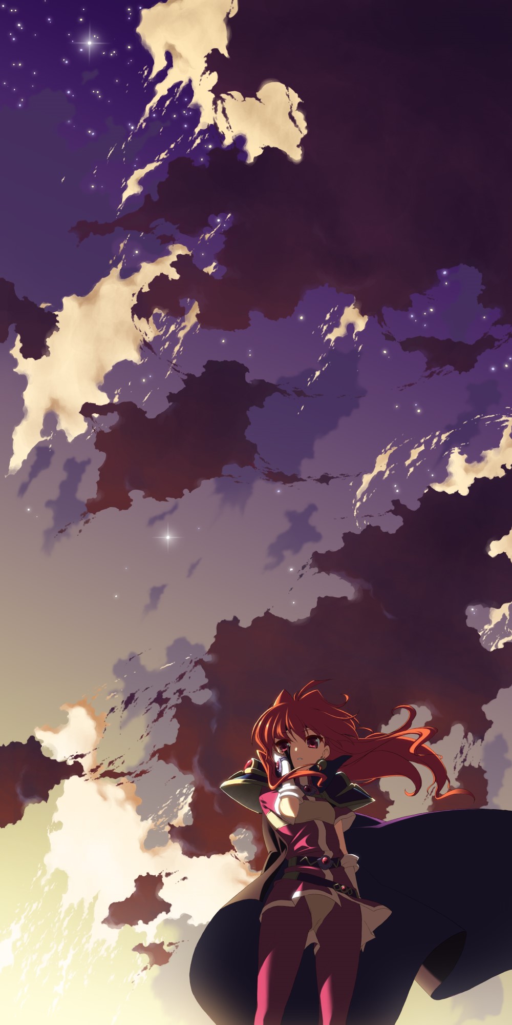 Anime girl with red hair in a dramatic sky HD Phone Wallpaper