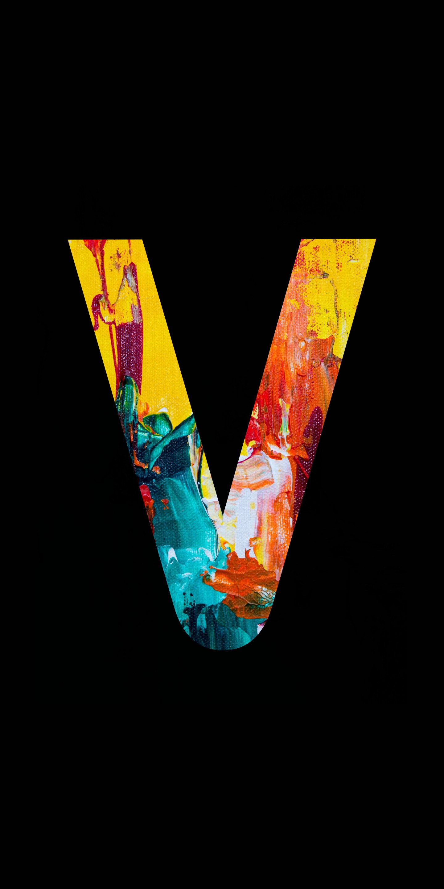 Abstract letter V with colorful paint strokes on black background HD Phone Wallpaper