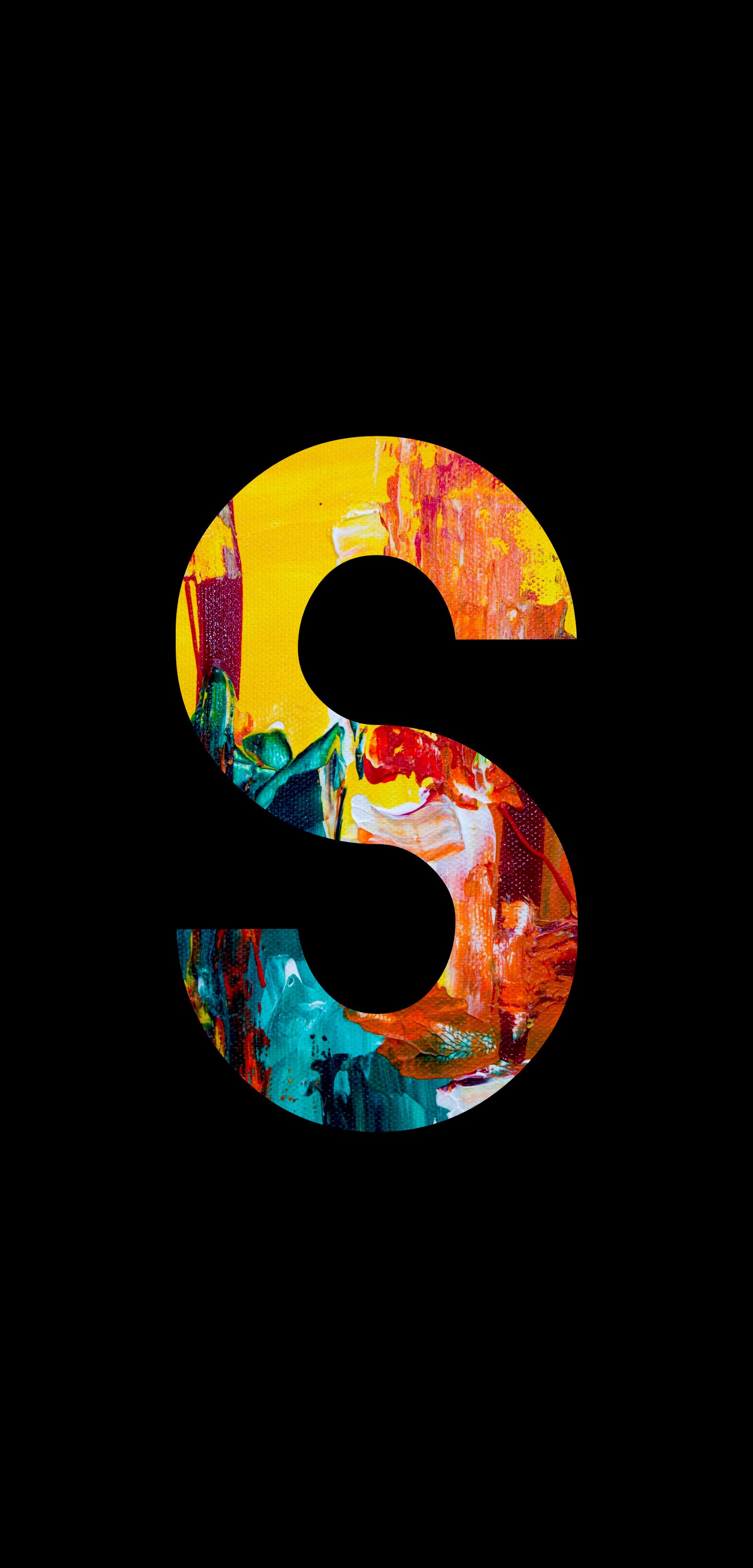 Letter S with abstract colorful paint strokes on black background HD Phone Wallpaper