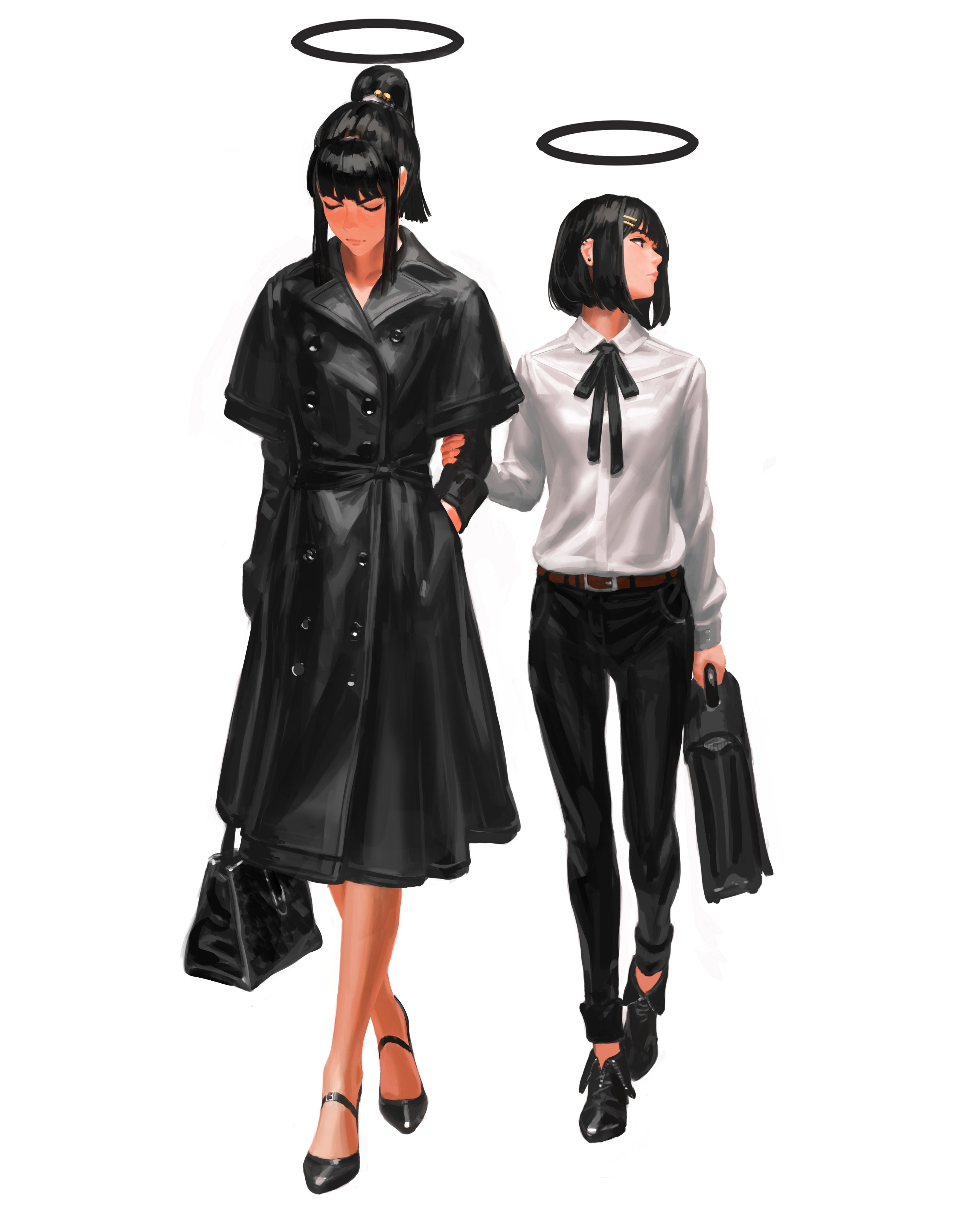 Two women with halos, artwork by GUWEIZ HD Phone Wallpaper