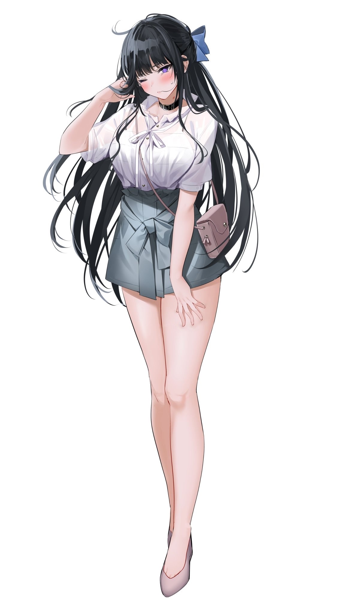 Anime girl with black hair and purple eyes wearing a white blouse and skirt HD Phone Wallpaper