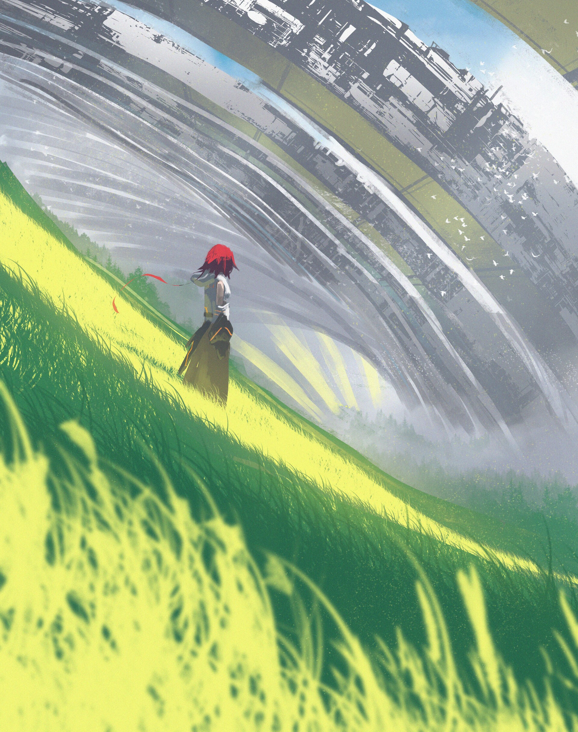 Girl in grassy field with futuristic structure HD Phone Wallpaper