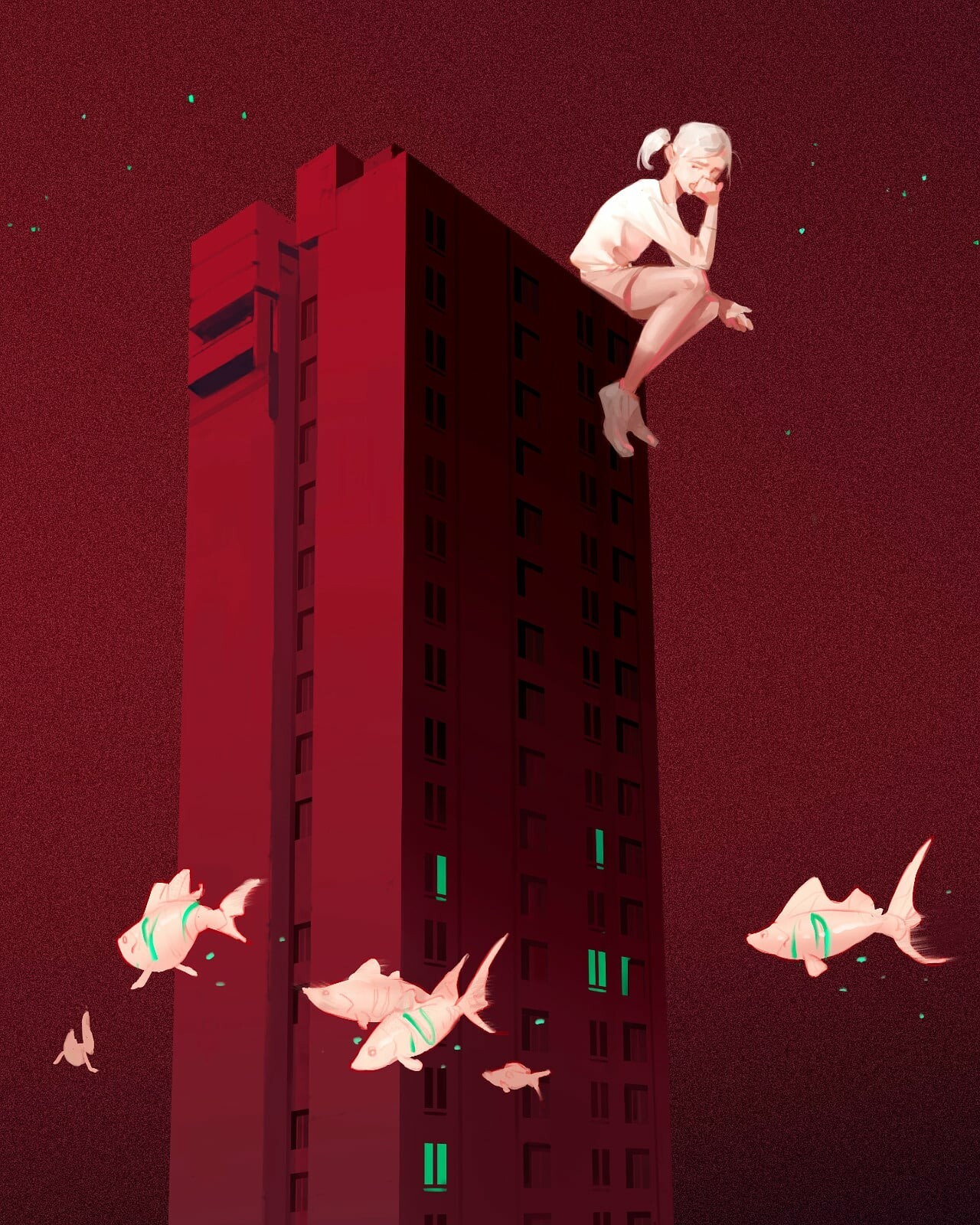 Girl sitting on top of red building with fish HD Phone Wallpaper