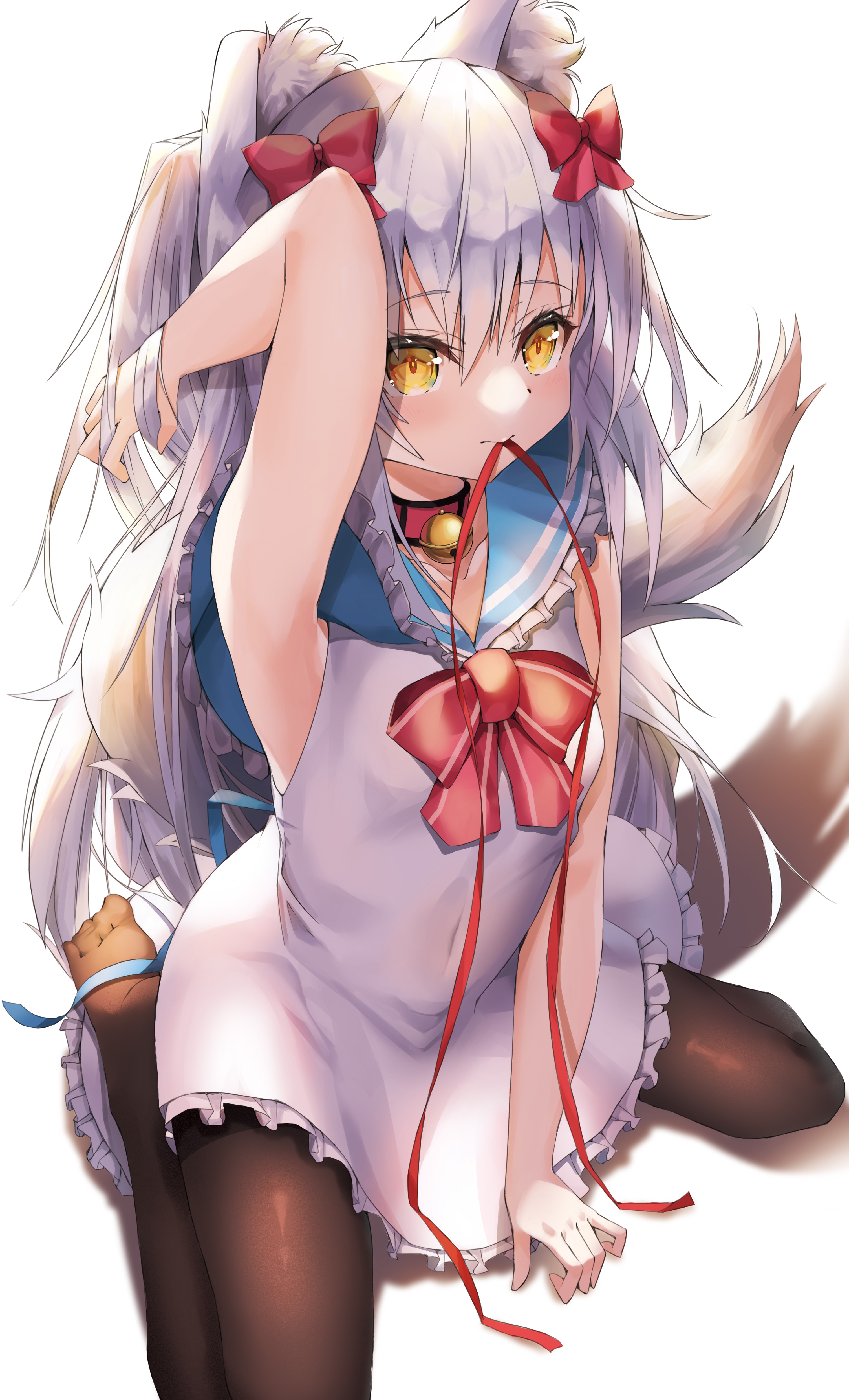 Anime girl with silver hair and animal ears kneeling HD Phone Wallpaper
