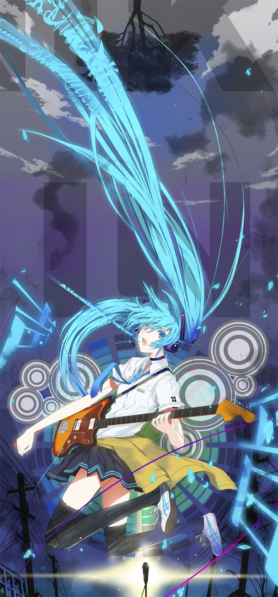 Hatsune Miku from Vocaloid playing guitar HD Phone Wallpaper