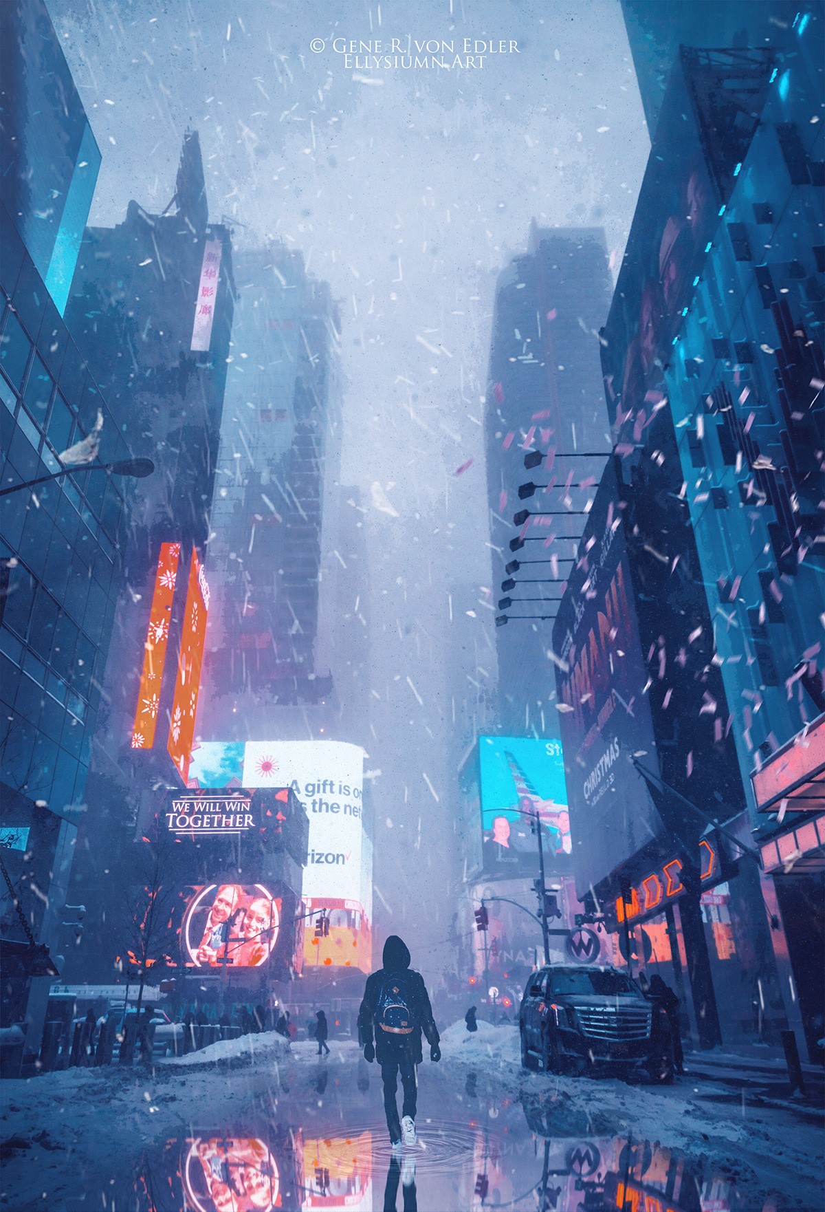 Person walking in snowy Times Square at night HD Phone Wallpaper