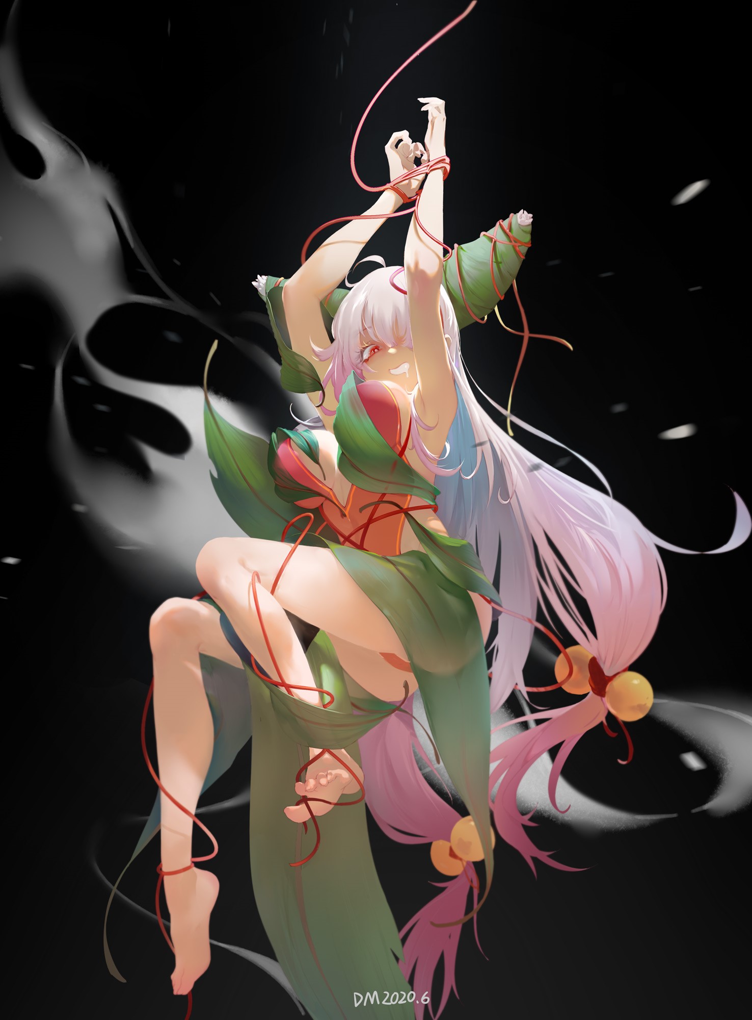 Anime girl with long hair tied with red strings HD Phone Wallpaper