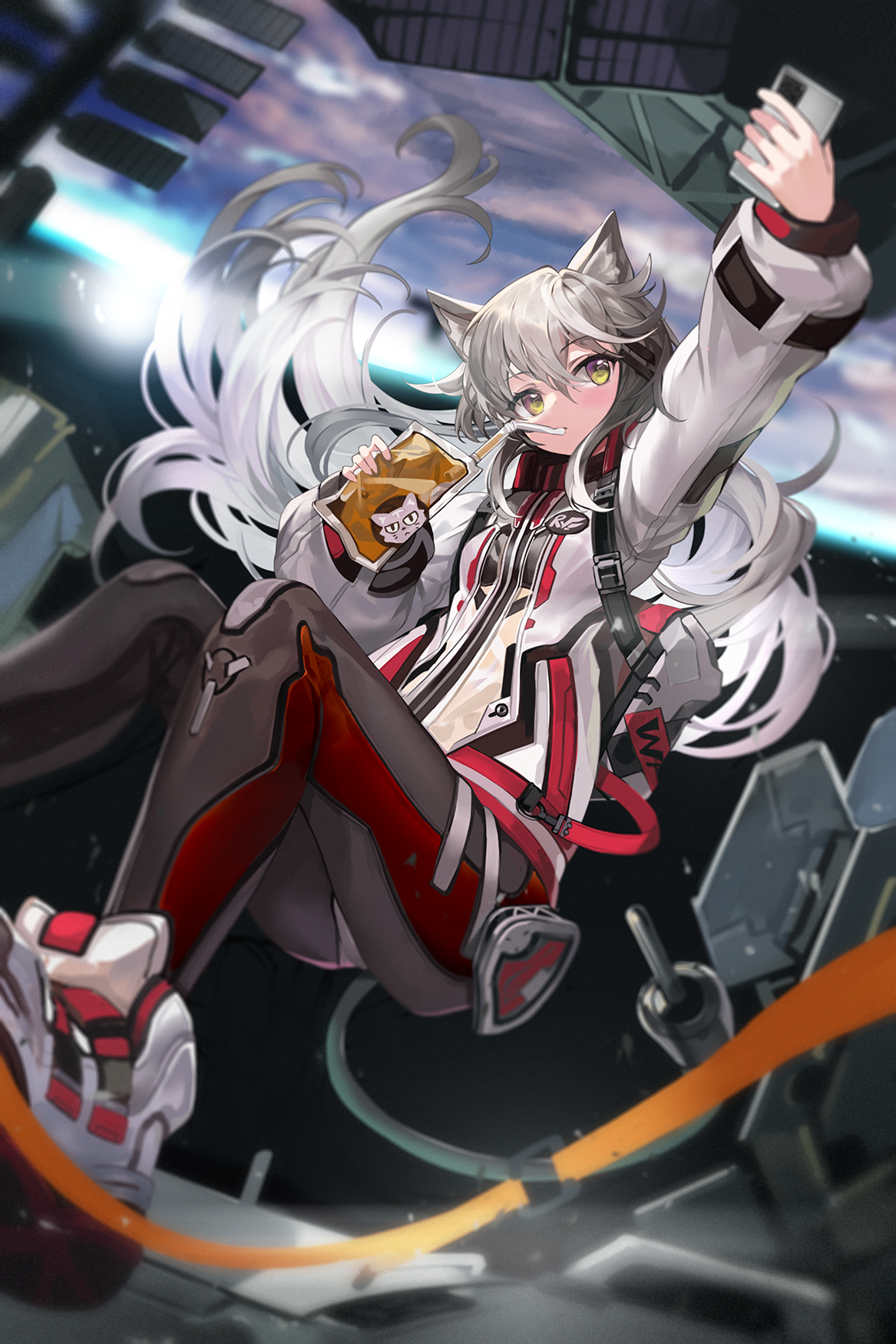 Anime girl with wolf ears and tail taking a selfie in space HD Phone Wallpaper
