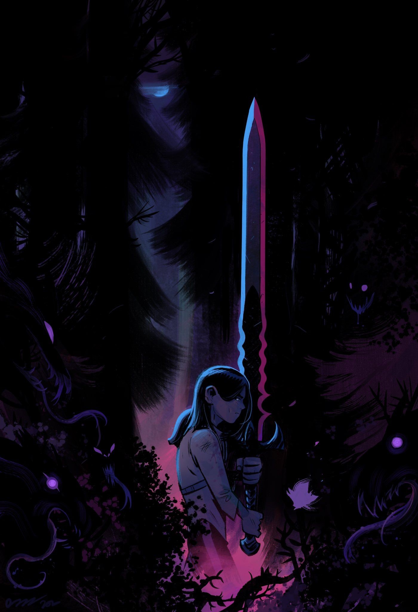 Girl holding a sword in a dark forest HD Phone Wallpaper