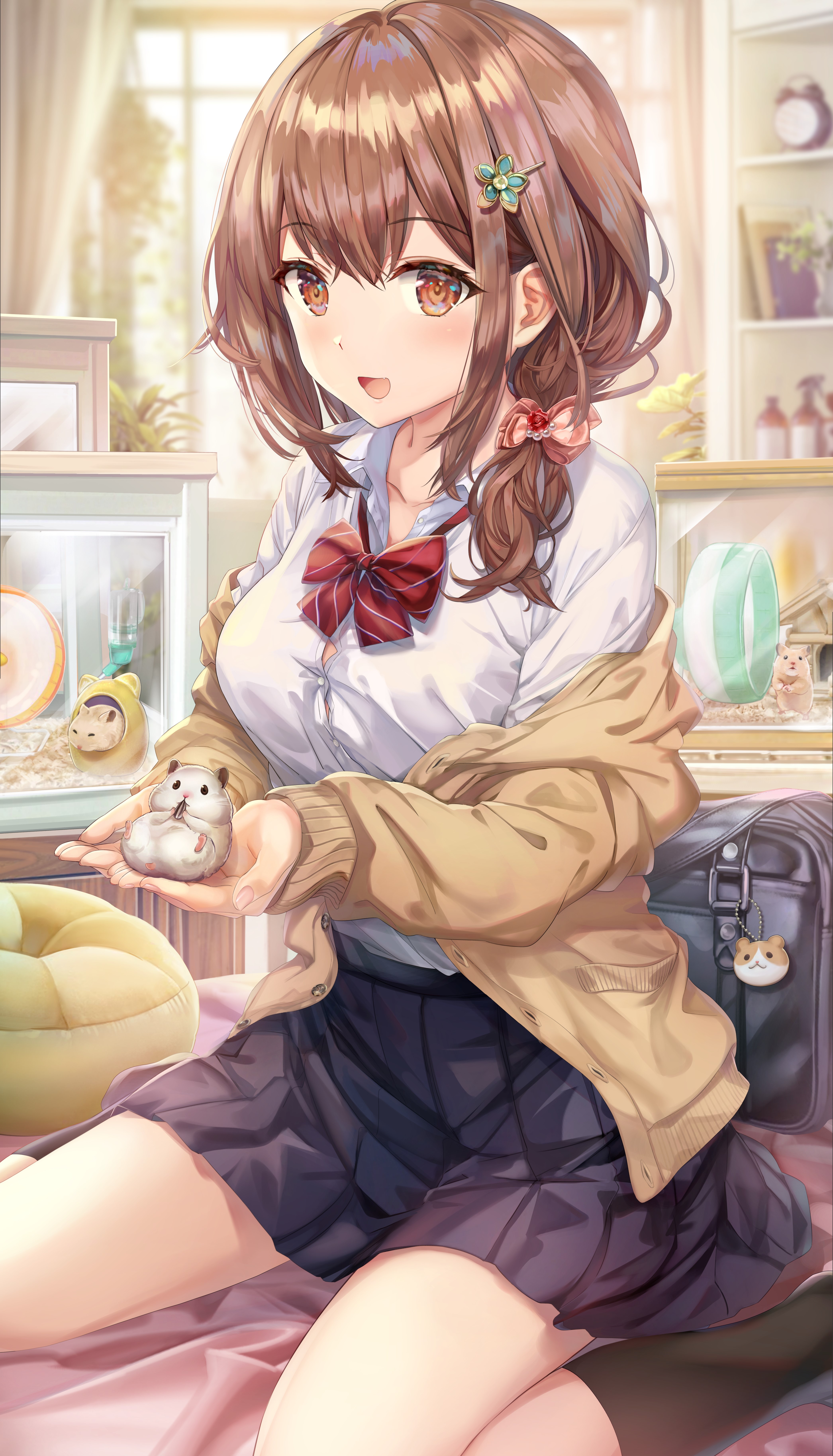 Anime girl with brown hair holding a hamster HD Phone Wallpaper