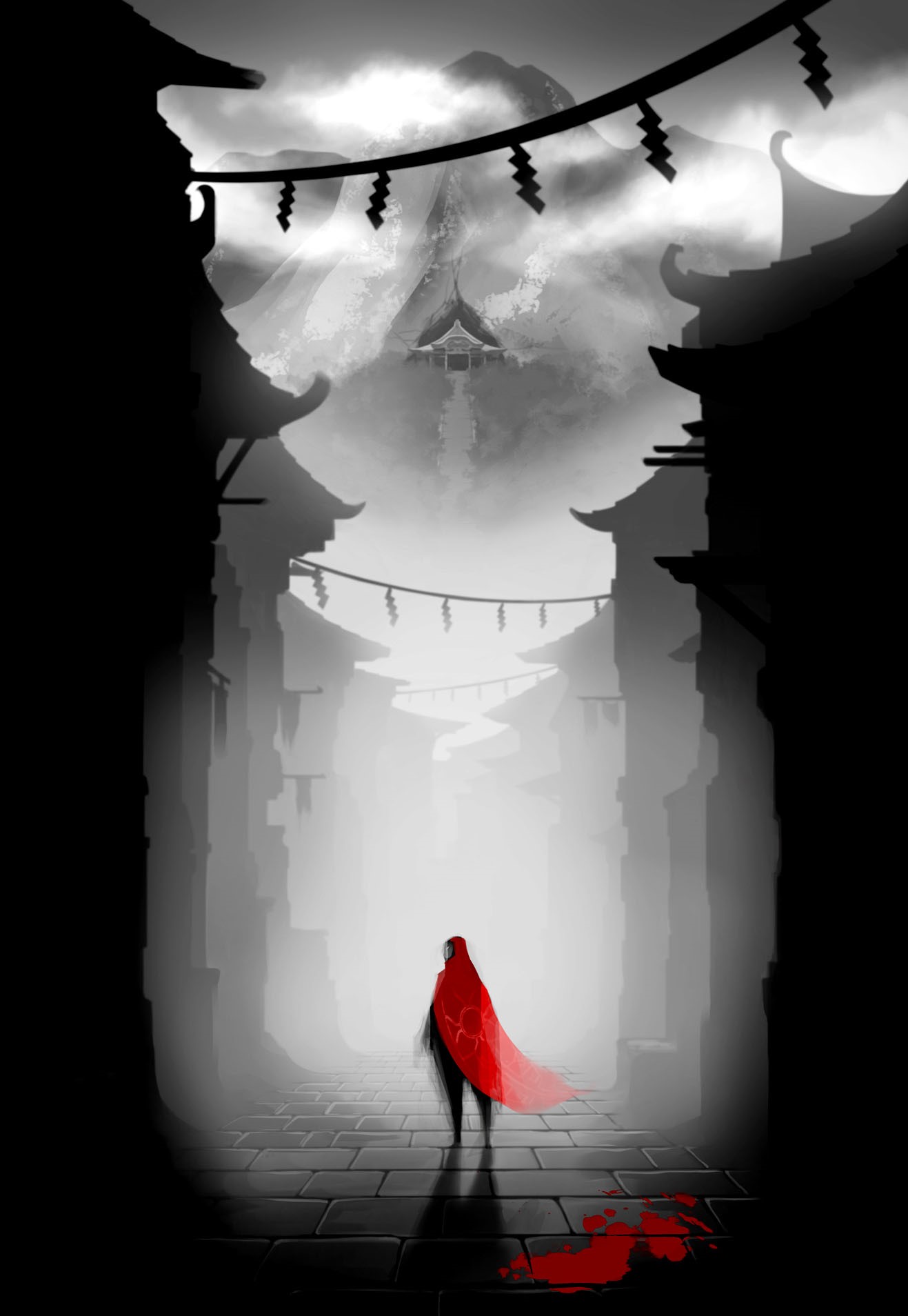 Aragami walking down a misty street towards a temple HD Phone Wallpaper