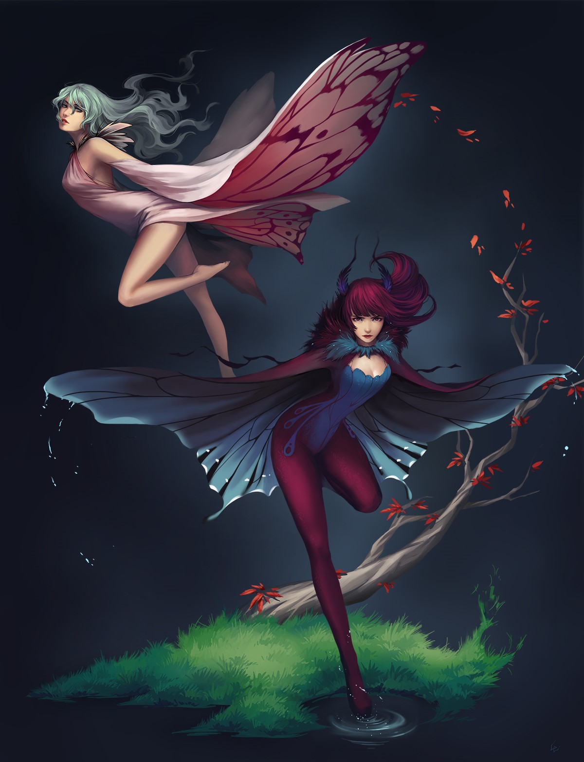 Two fairies with butterfly wings in a dark forest HD Phone Wallpaper