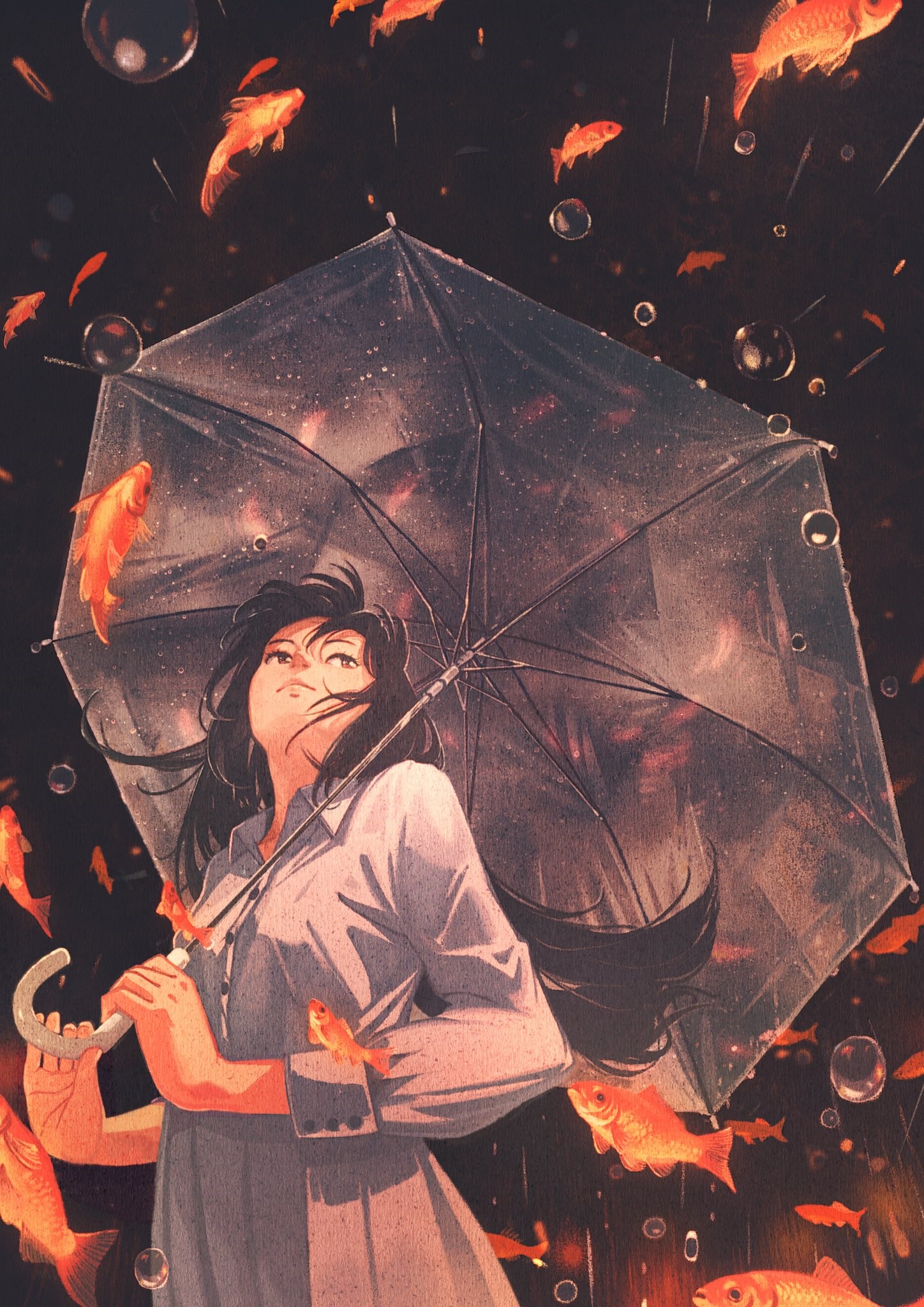 Woman holding an umbrella with fish raining down HD Phone Wallpaper