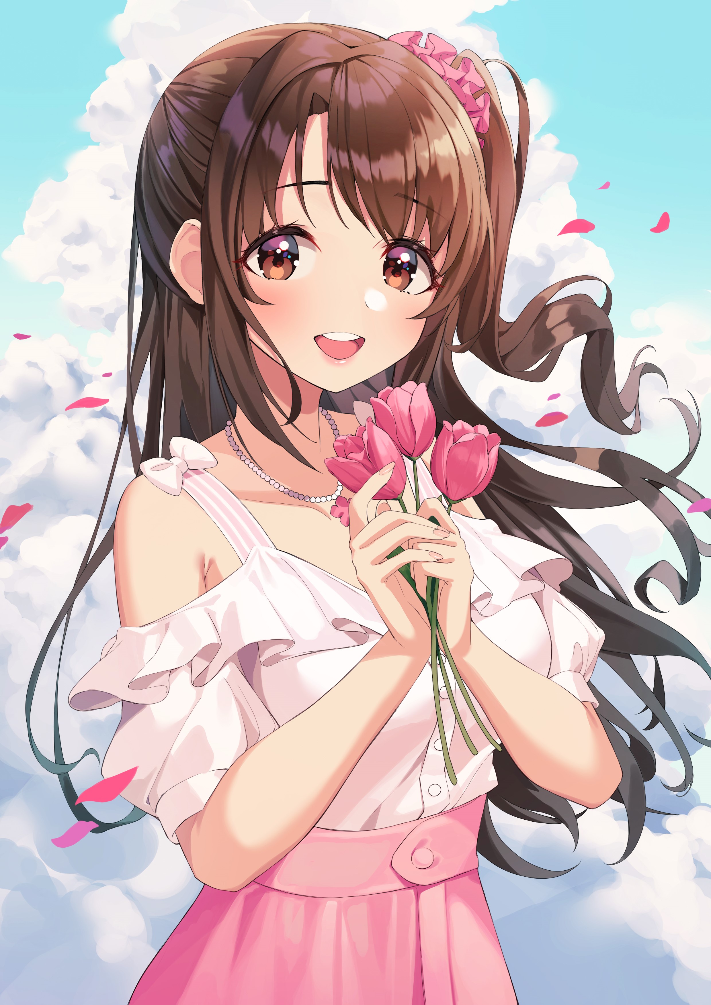 Shimamura Uzuki from THE Idolmaster Cinderella Girls holding tulips HD Phone Wallpaper