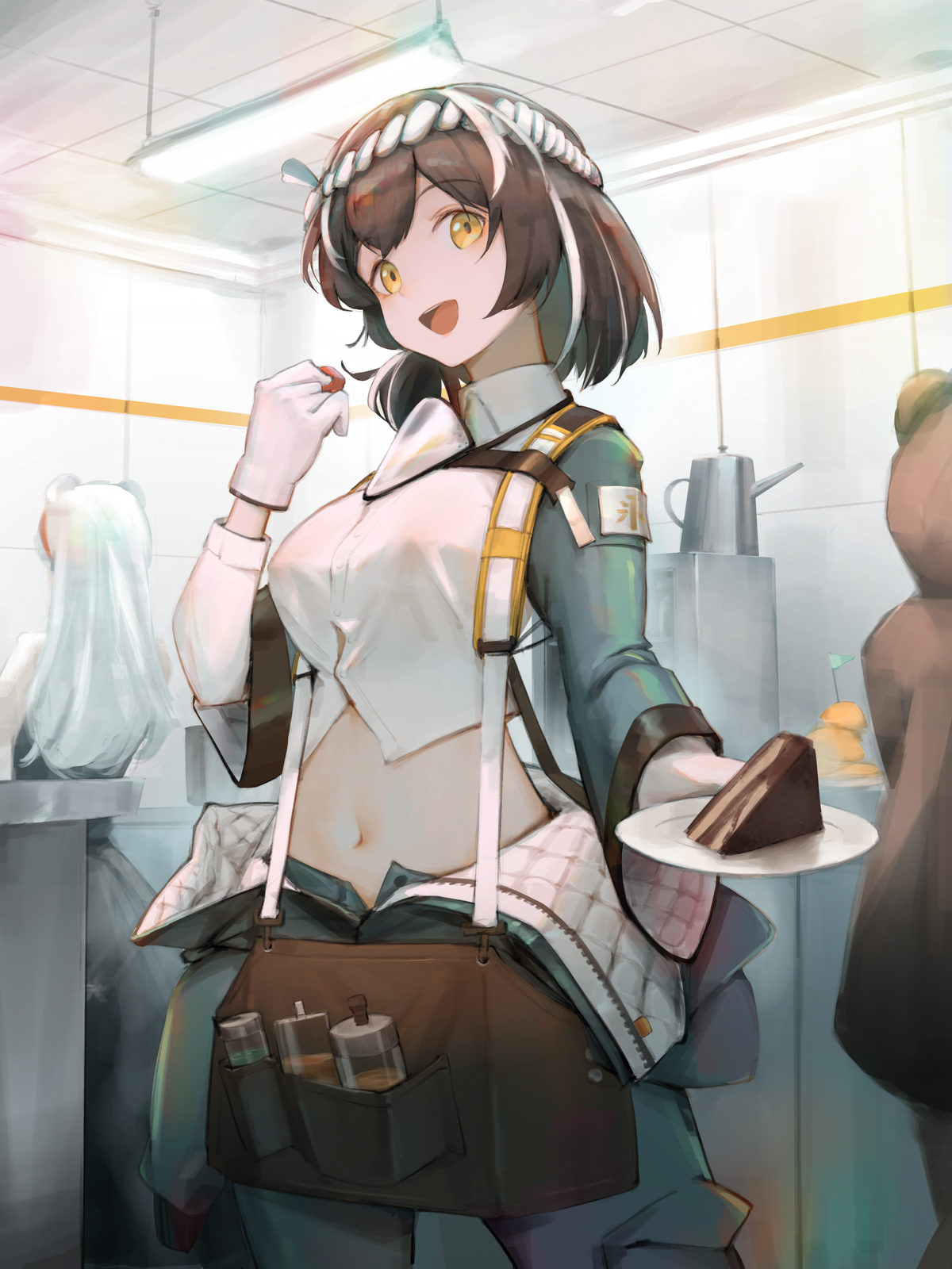 Magallan from Arknights holding a slice of cake HD Phone Wallpaper