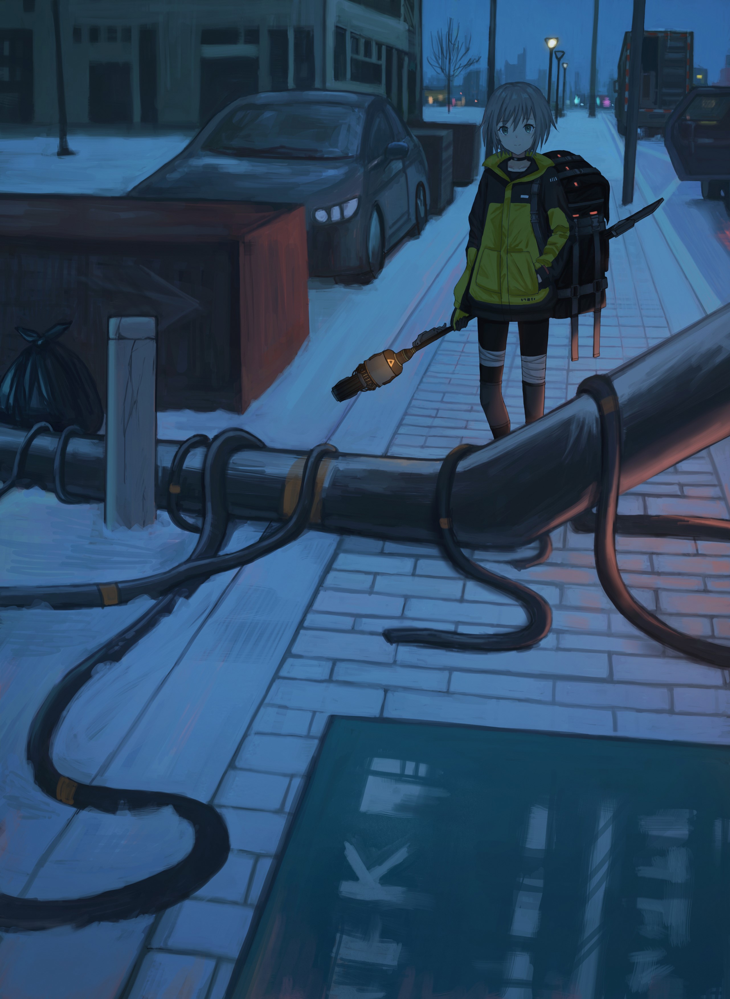 Anime girl with backpack and torch on a snowy street HD Phone Wallpaper