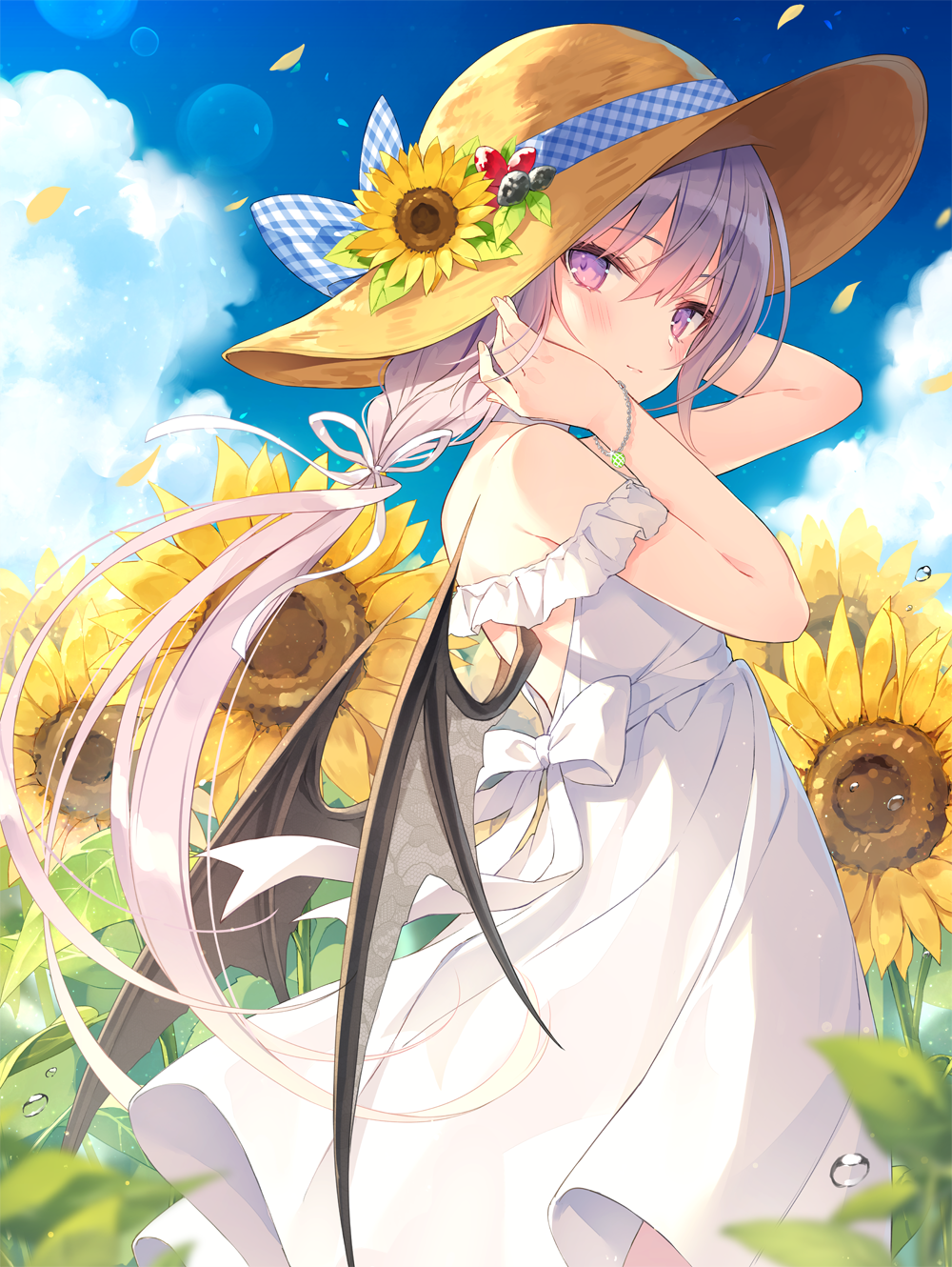 Anime girl with purple hair and wings in a sunflower field HD Phone Wallpaper