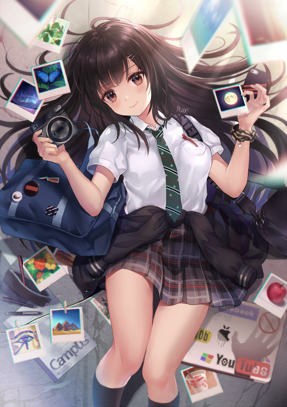 Anime girl in school uniform with camera and photos HD Phone Wallpaper