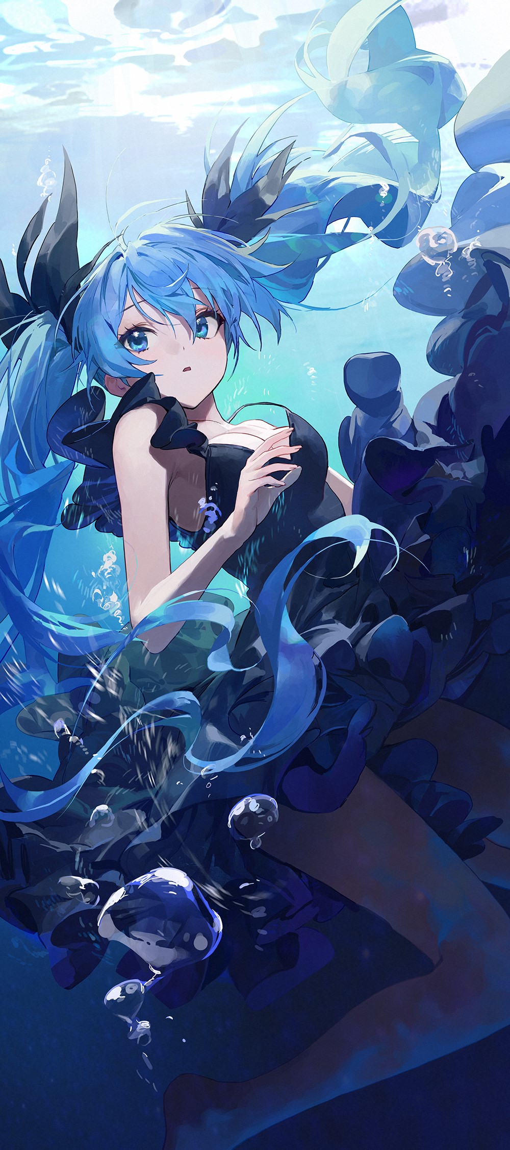 Hatsune Miku underwater in a black dress HD Phone Wallpaper