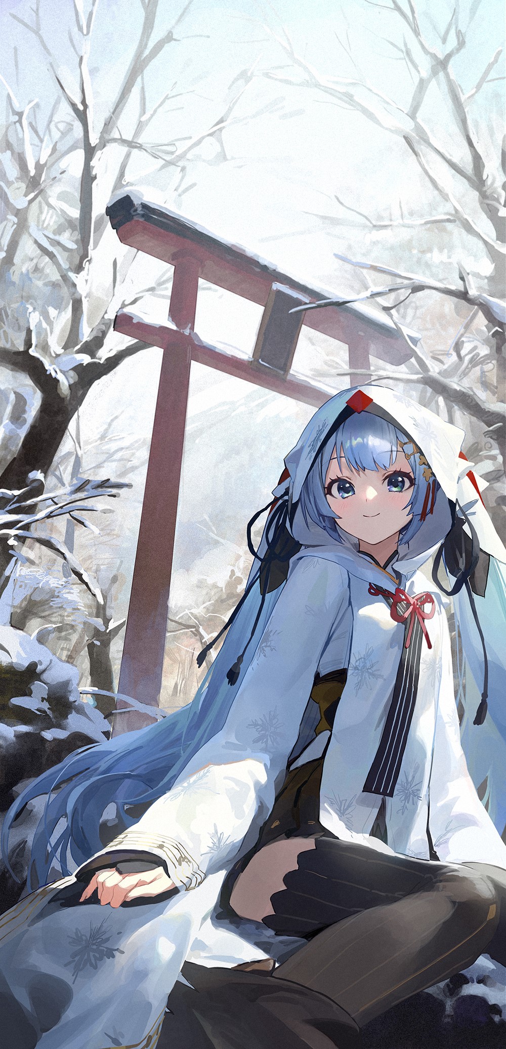 Hatsune Miku in a snowy forest with a torii gate HD Phone Wallpaper