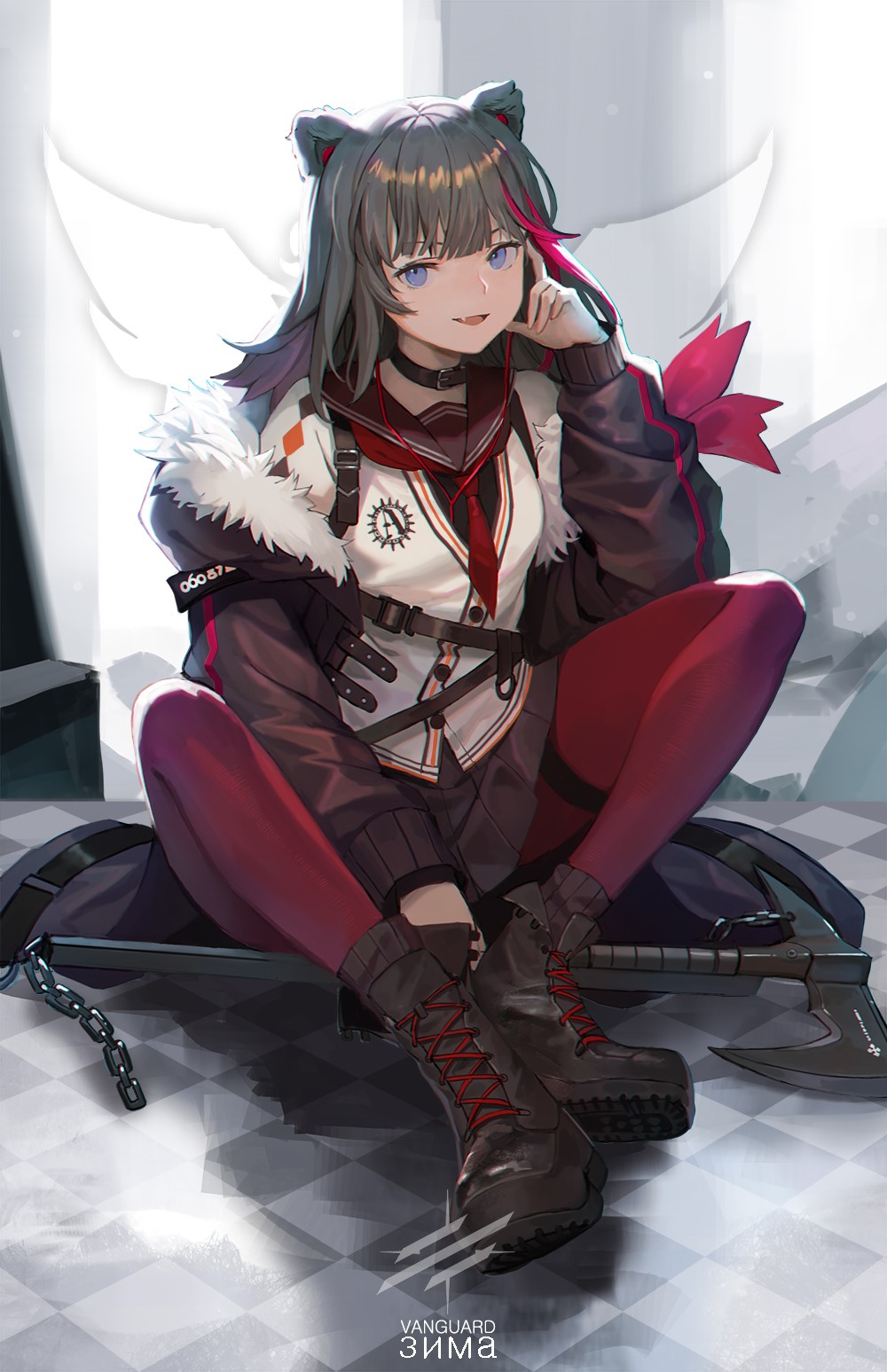 Zima from Arknights sitting with an axe HD Phone Wallpaper