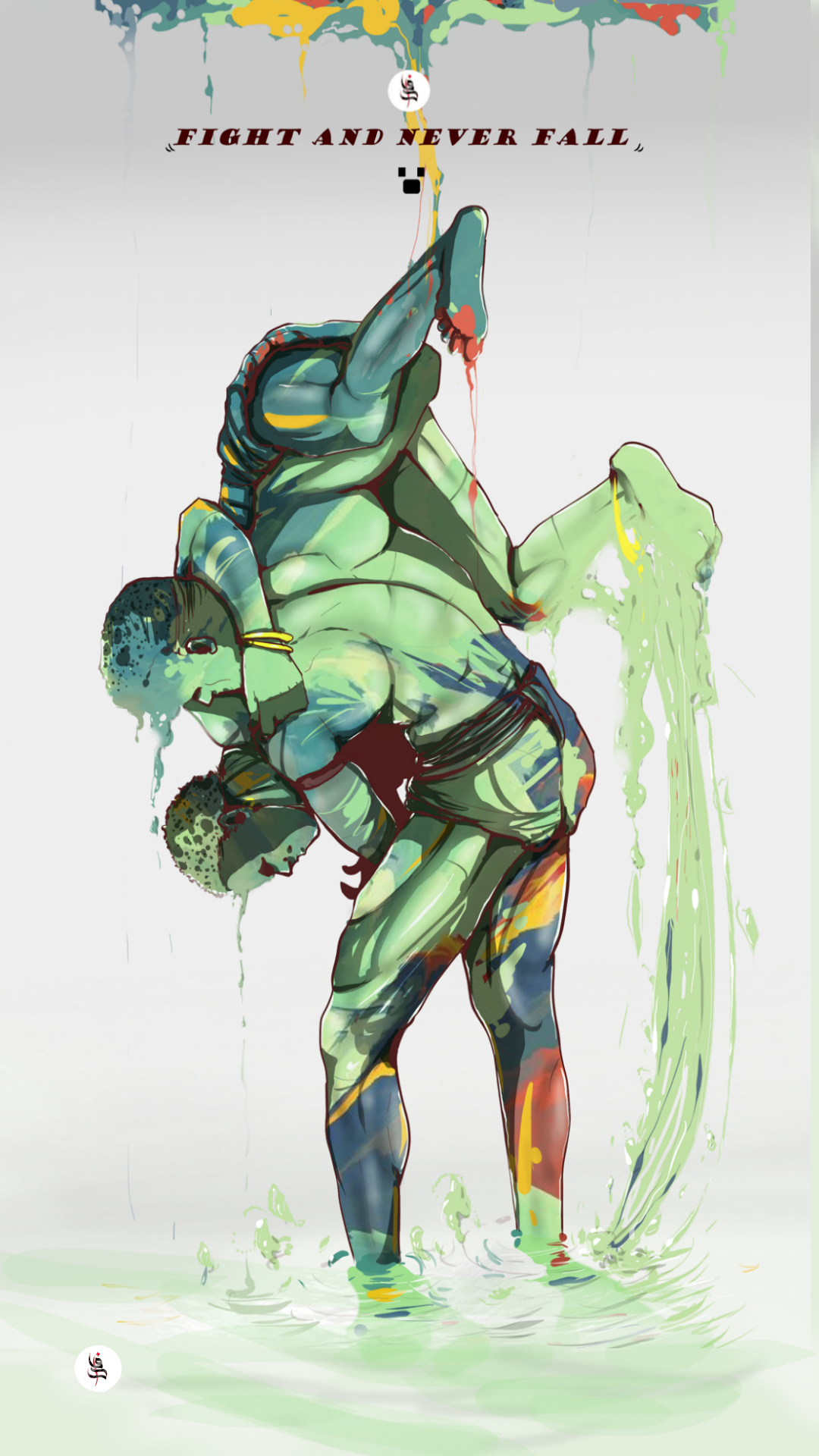 Two figures wrestling in a stylized, dripping environment HD Phone Wallpaper