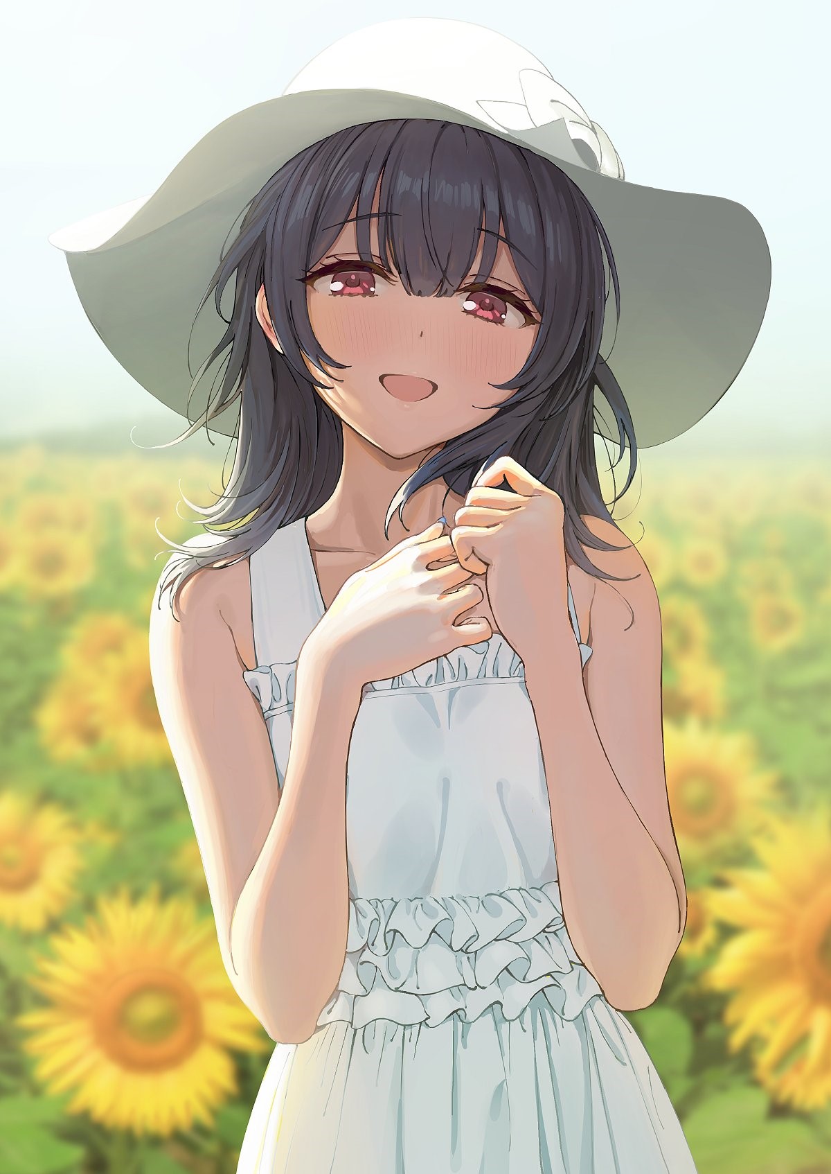 Anime girl with dark hair and red eyes wearing a sun dress and hat in a sunflower field HD Phone Wallpaper