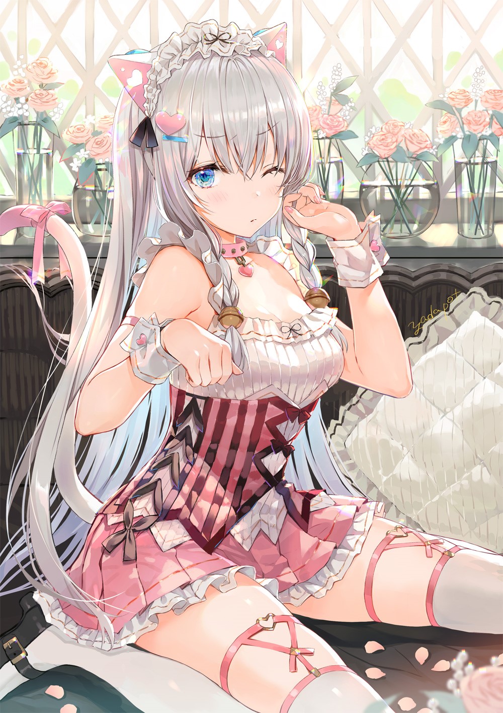 Cat girl in maid outfit with silver hair HD Phone Wallpaper