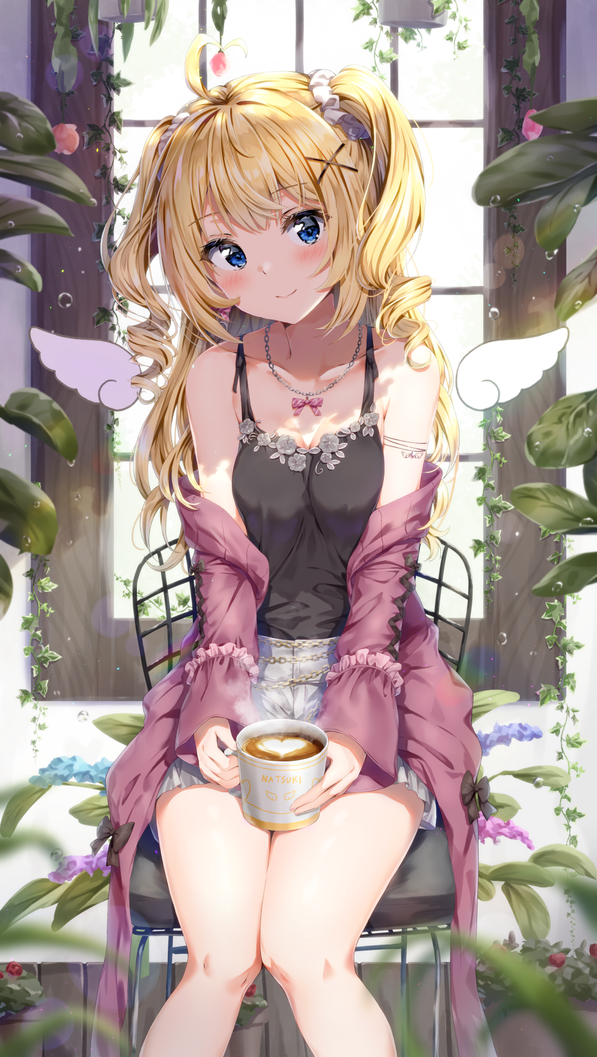 Anime girl with blonde hair and blue eyes holding a cup HD Phone Wallpaper