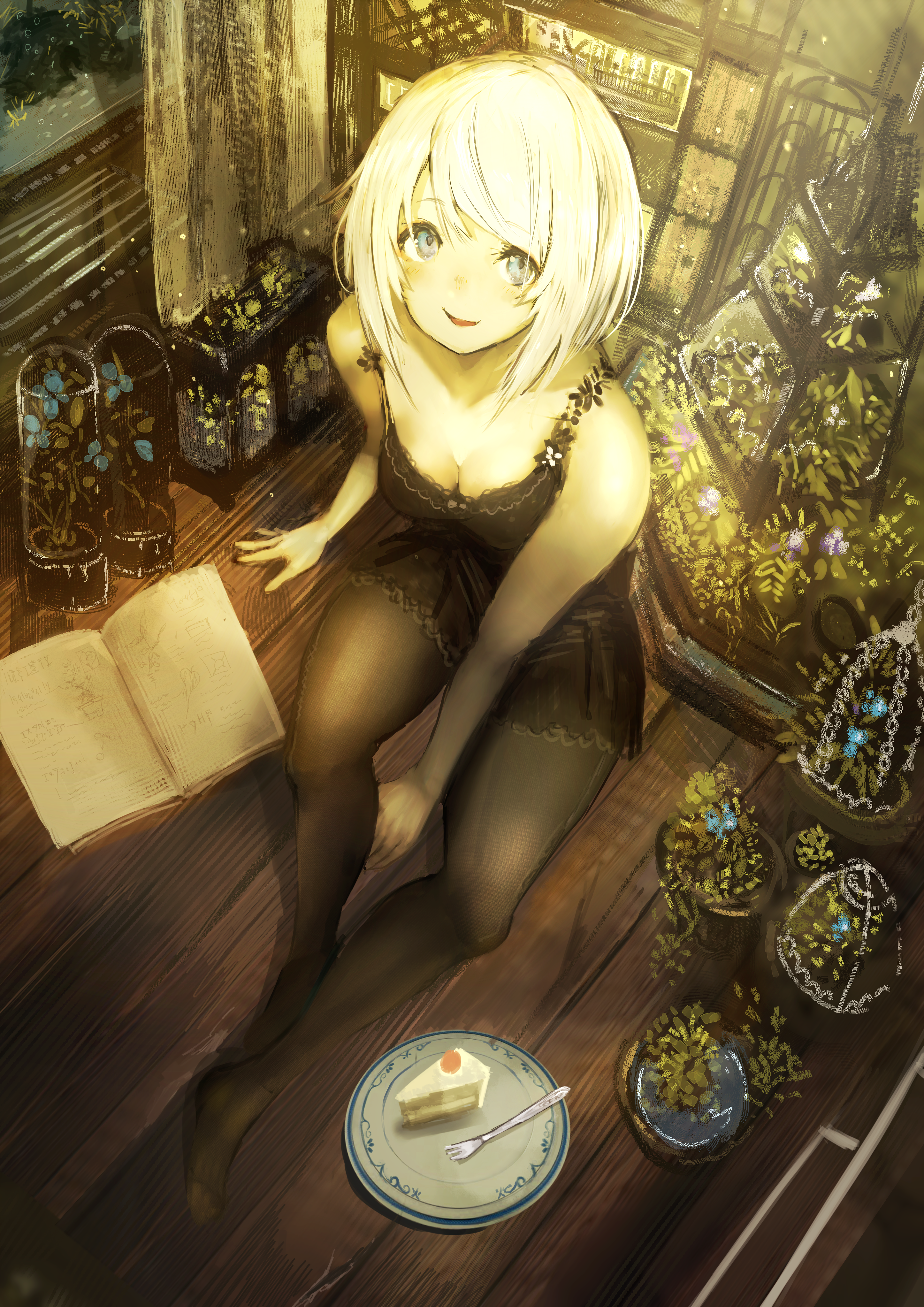 Anime girl with blonde hair and cake HD Phone Wallpaper