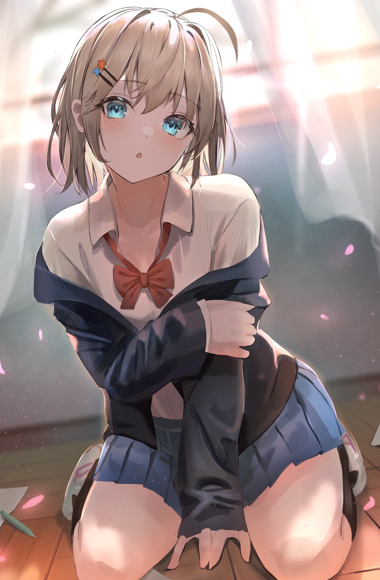 Anime girl with blue eyes and blonde hair in school uniform HD Phone Wallpaper