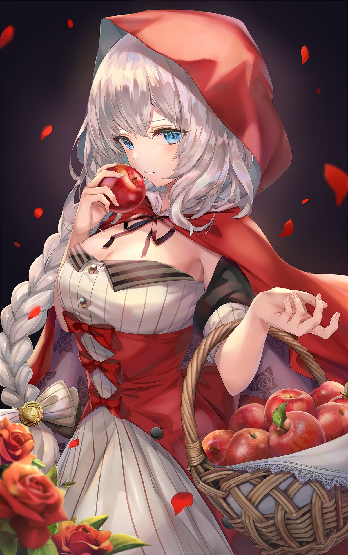 Anime girl with silver hair and blue eyes holding an apple HD Phone Wallpaper