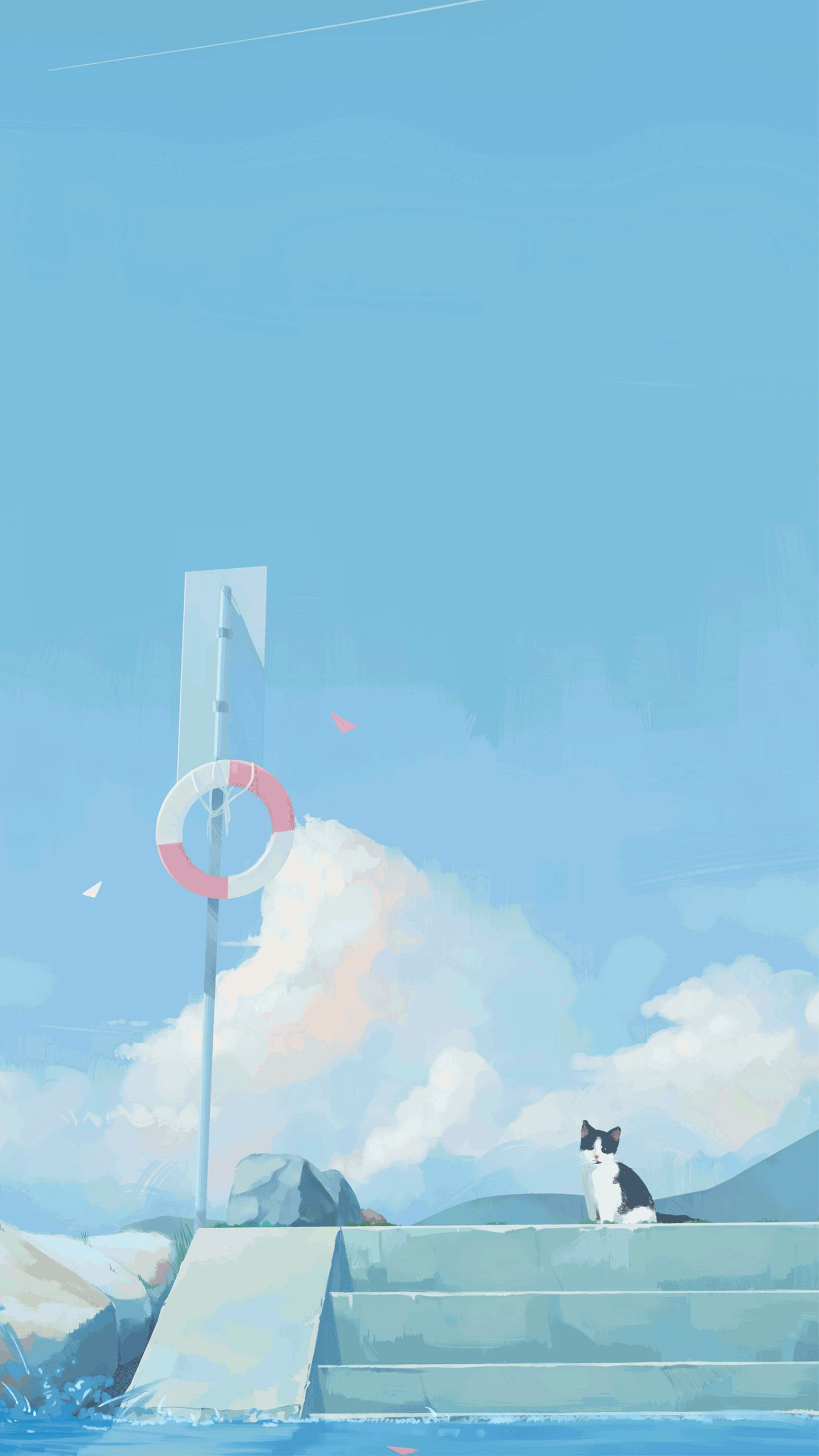 Cat sitting on steps by the water with a life preserver HD Phone Wallpaper