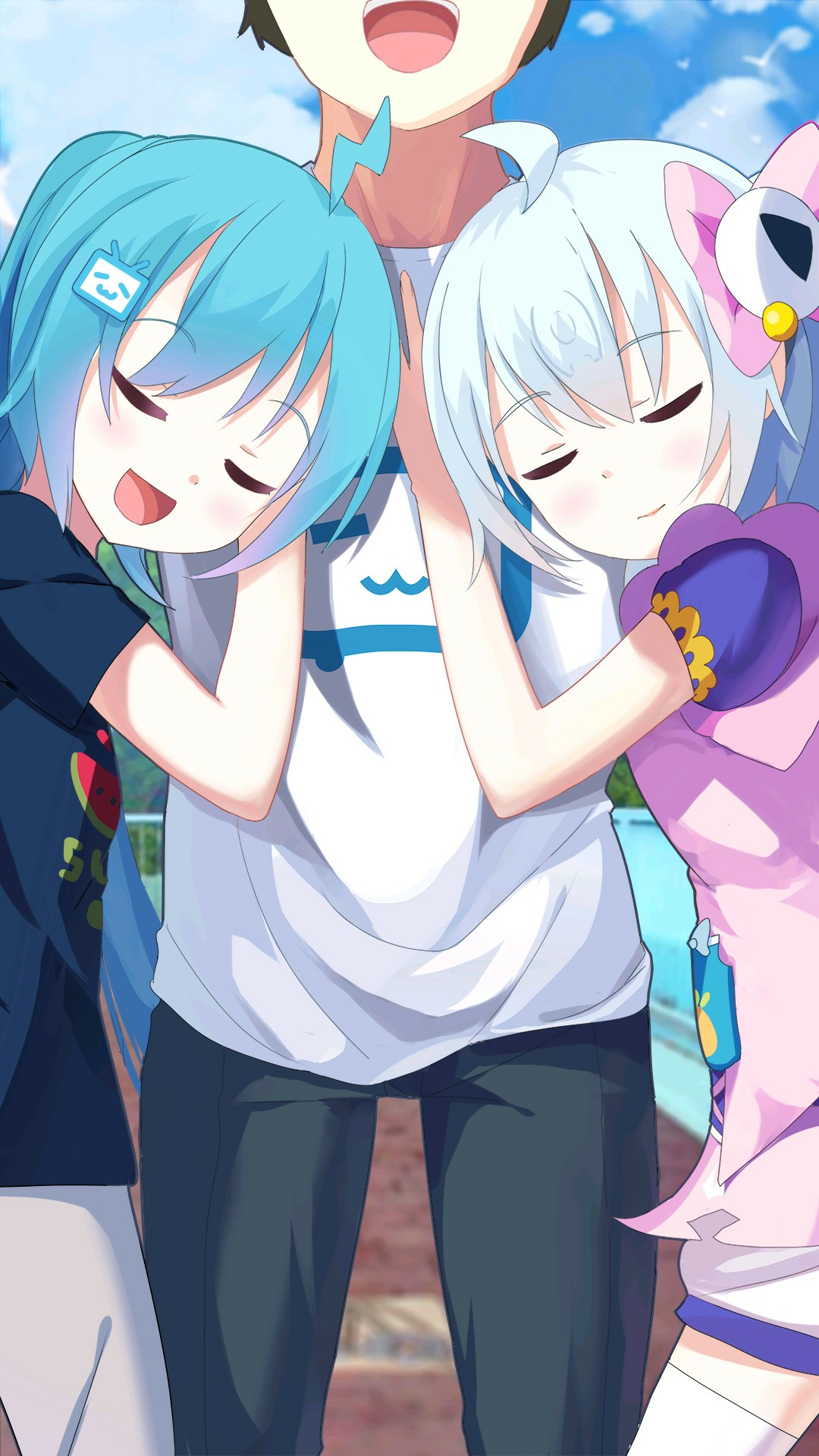 Anime girls hugging a boy HD Phone Wallpaper
