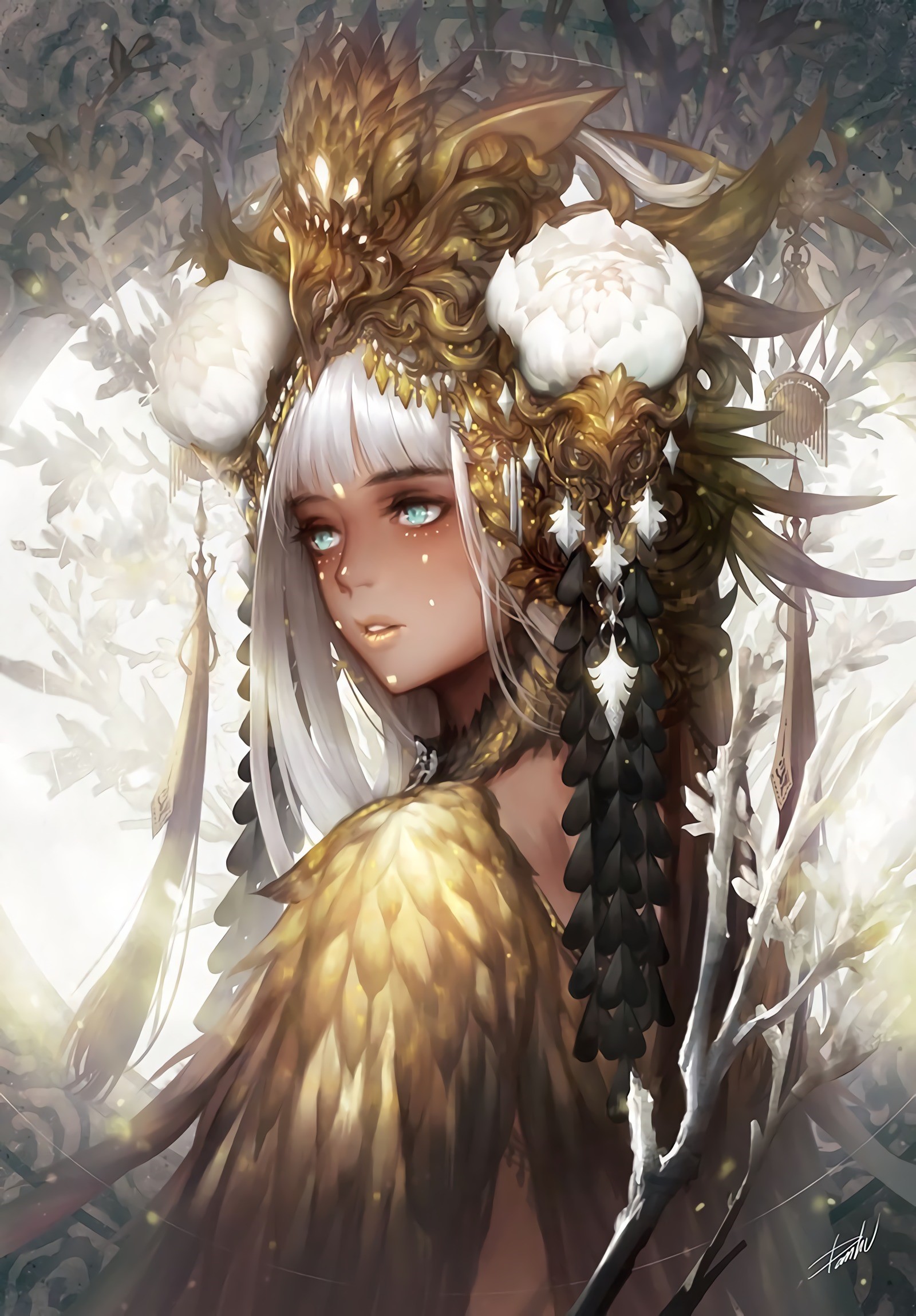 Woman with white hair and elaborate golden headdress HD Phone Wallpaper