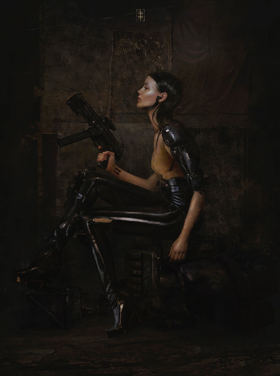 Cyborg woman holding a weapon HD Phone Wallpaper